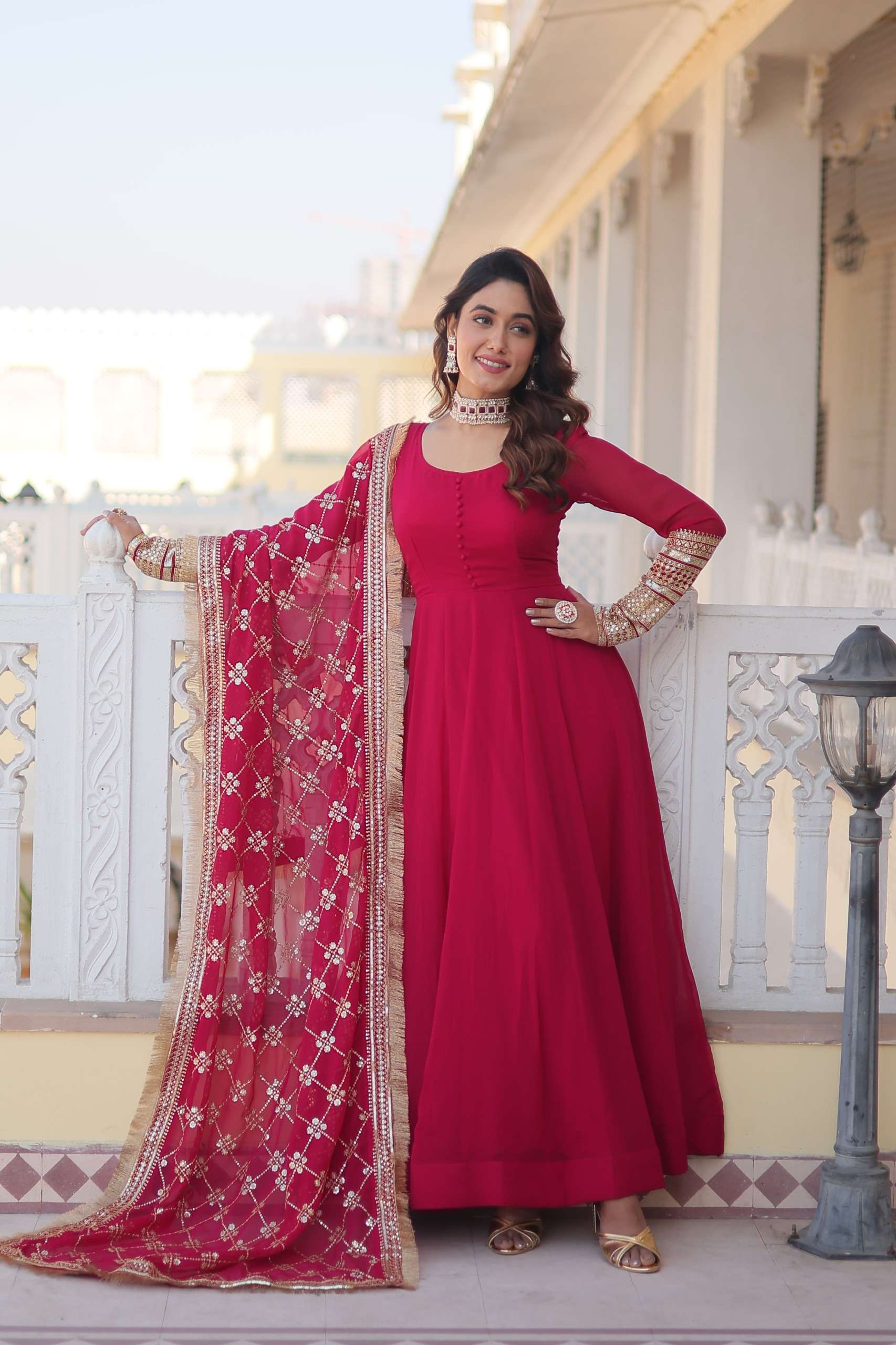 LATEST DESIGNER WEDDING PARTY WEAR READYMADE GEORGETTE RED ANARKALI SUIT LONG GOWN KU 1070 B