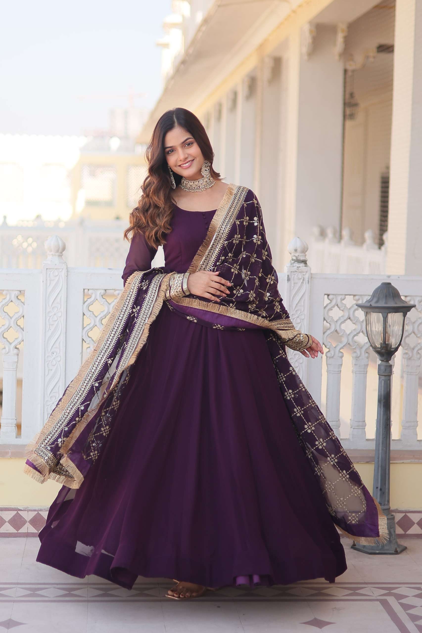 LATEST DESIGNER WEDDING PARTY WEAR READYMADE GEORGETTE WINE ANARKALI SUIT LONG GOWN KU 1070 C