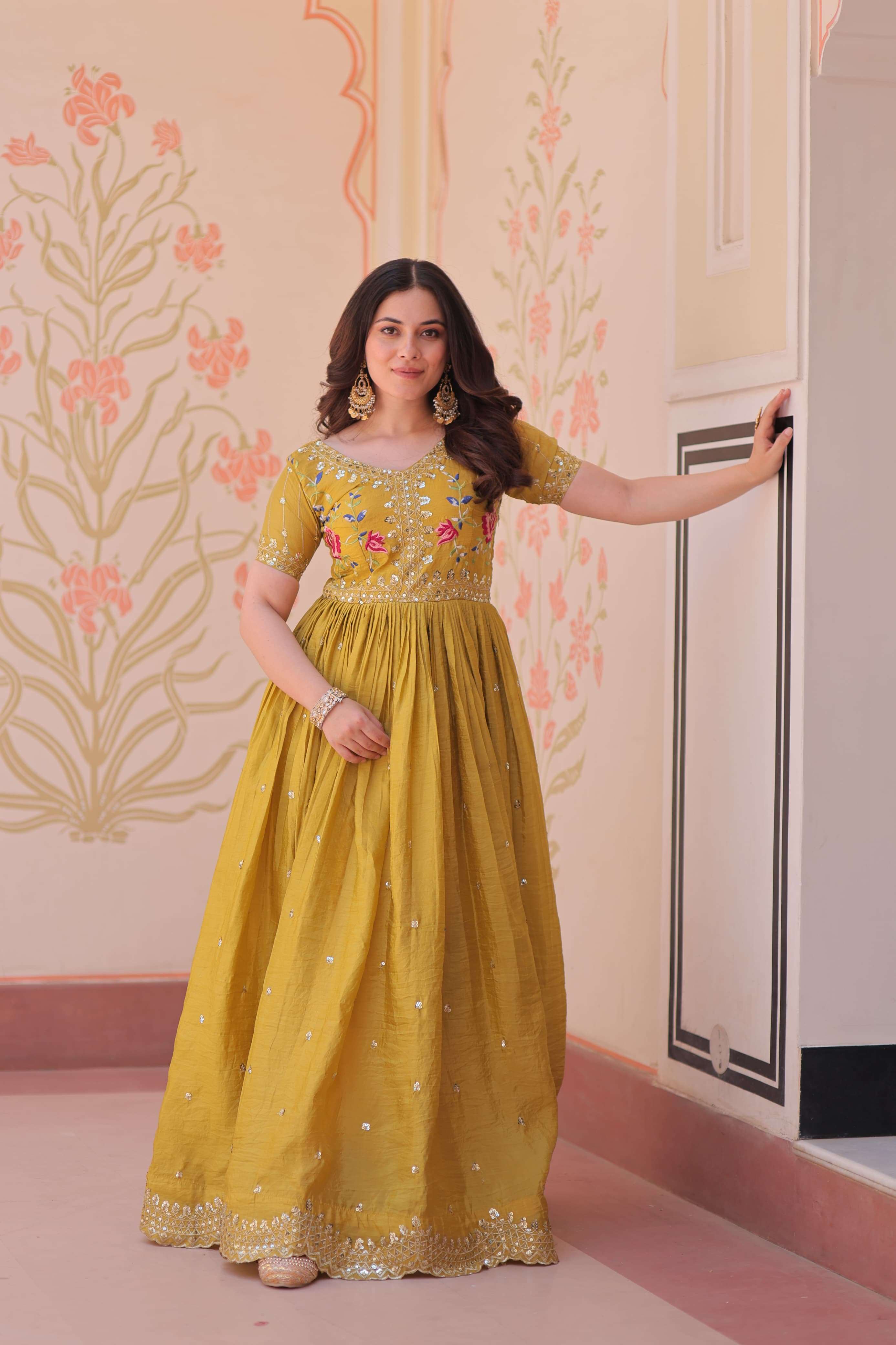 LATEST DESIGNER WEDDING PARTY WEAR READYMADE GOLD CRUSH ANARKALI SUIT LONG GOWN KUMARI 1171