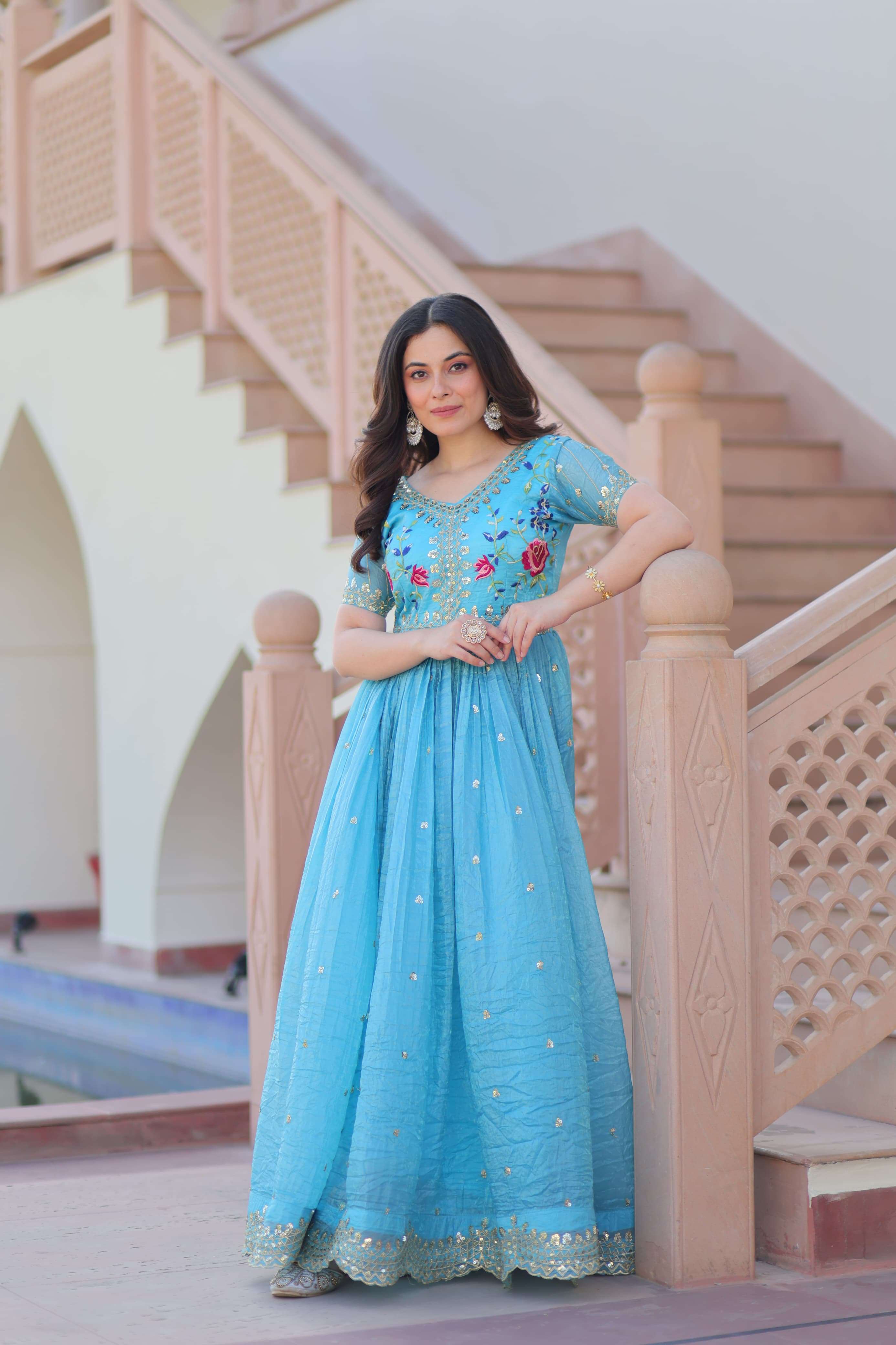 LATEST DESIGNER WEDDING PARTY WEAR READYMADE GOLD CRUSH BLUE ANARKALI SUIT LONG GOWN KUMARI 1171 COLOR B