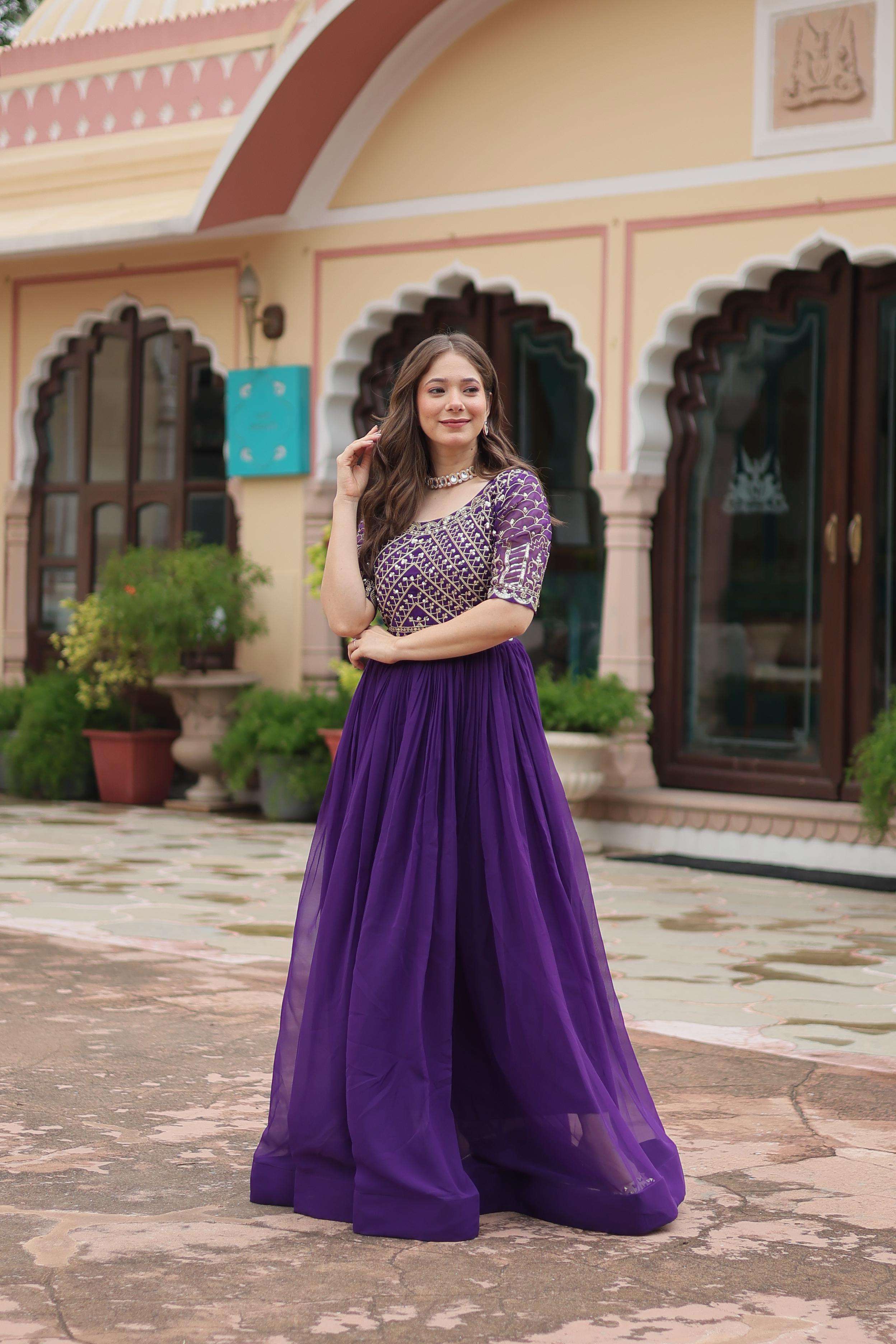 LATEST DESIGNER WEDDING PARTY WEAR READYMADE PURPLE GEORGETTE ANARKALI SUIT LONG GOWN KU 1121 B