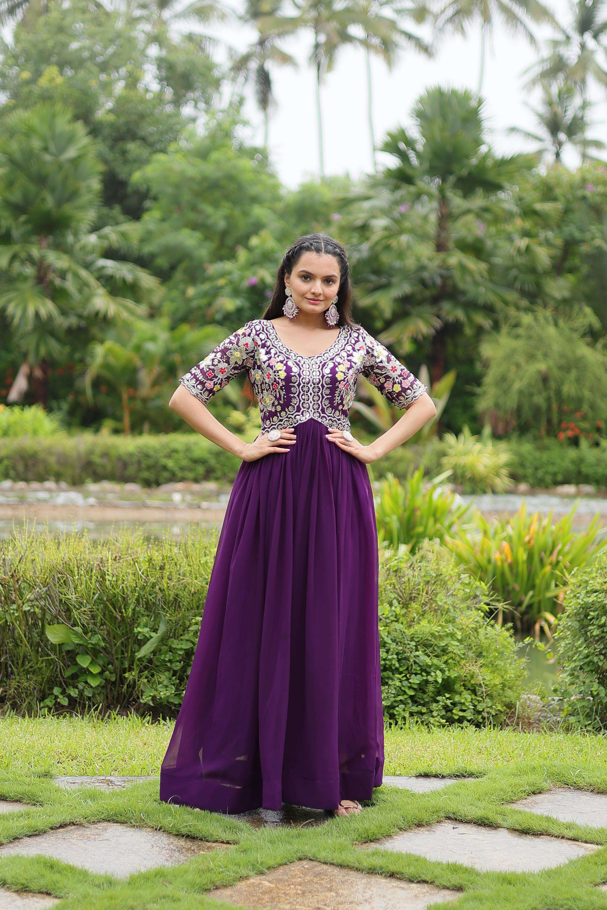 LATEST DESIGNER WEDDING PARTY WEAR READYMADE PURPLE GEORGETTE ANARKALI SUIT LONG GOWN KU 1110 B