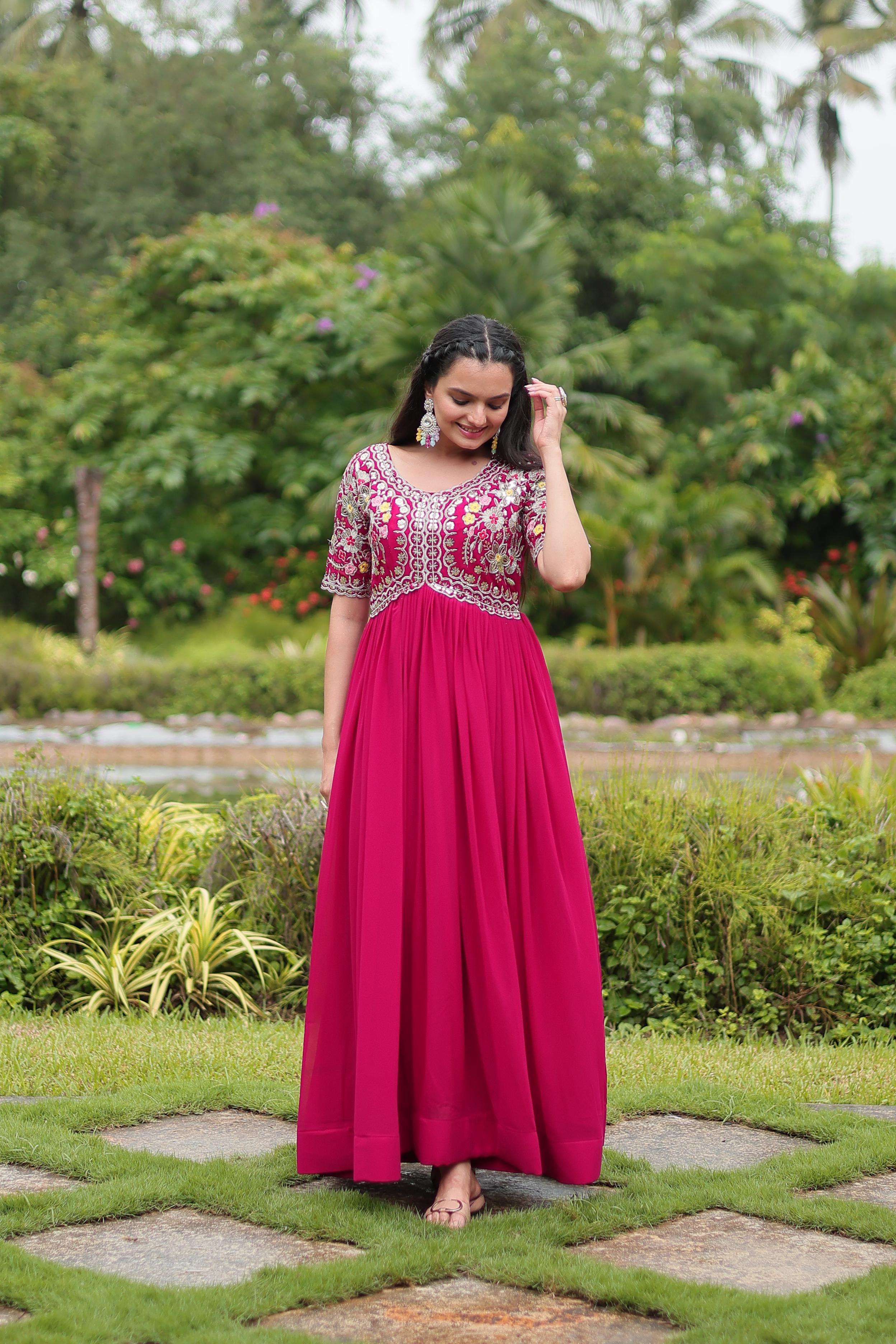 LATEST DESIGNER WEDDING PARTY WEAR READYMADE RANI PINK GEORGETTE ANARKALI SUIT LONG GOWN KU 1110 C