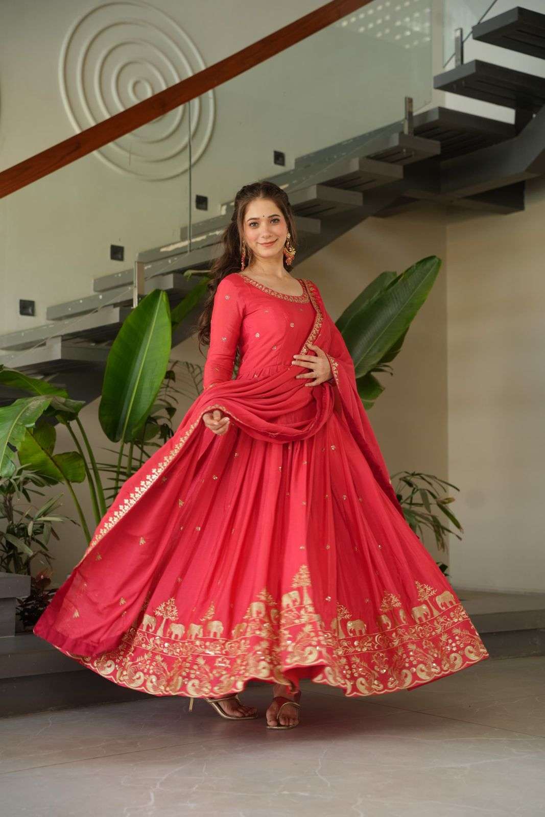 LATEST DESIGNER WEDDING PARTY WEAR READYMADE RED CHINON SILK ANARKALI SUIT LONG GOWN KU 1165