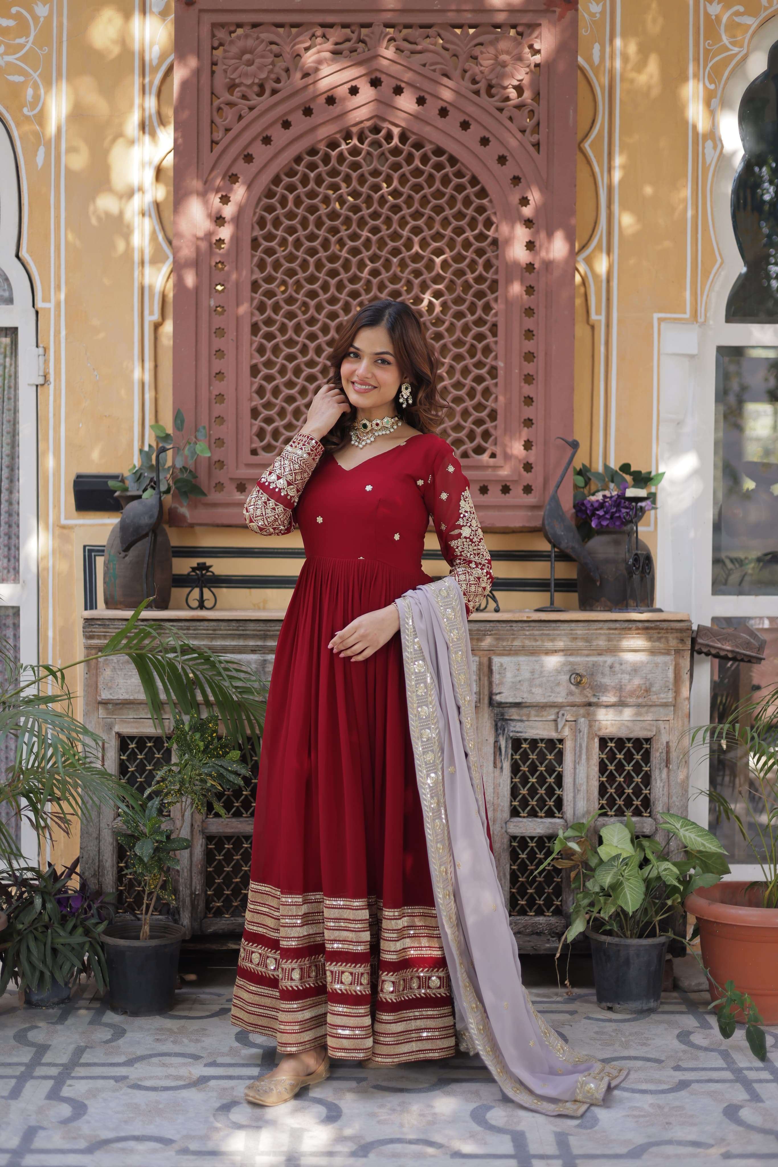 LATEST DESIGNER WEDDING PARTY WEAR READYMADE RED GEORGETTE ANARKALI SUIT LONG GOWN KU 1148