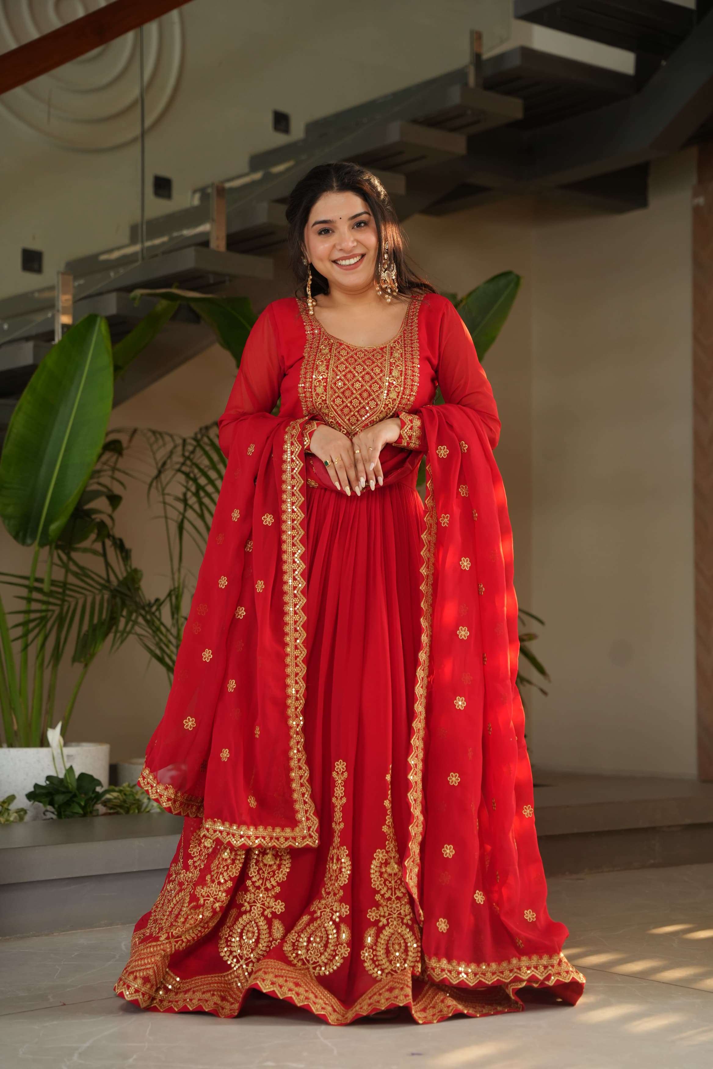 LATEST DESIGNER WEDDING PARTY WEAR READYMADE RED GEORGETTE ANARKALI SUIT LONG GOWN KU 1162 A