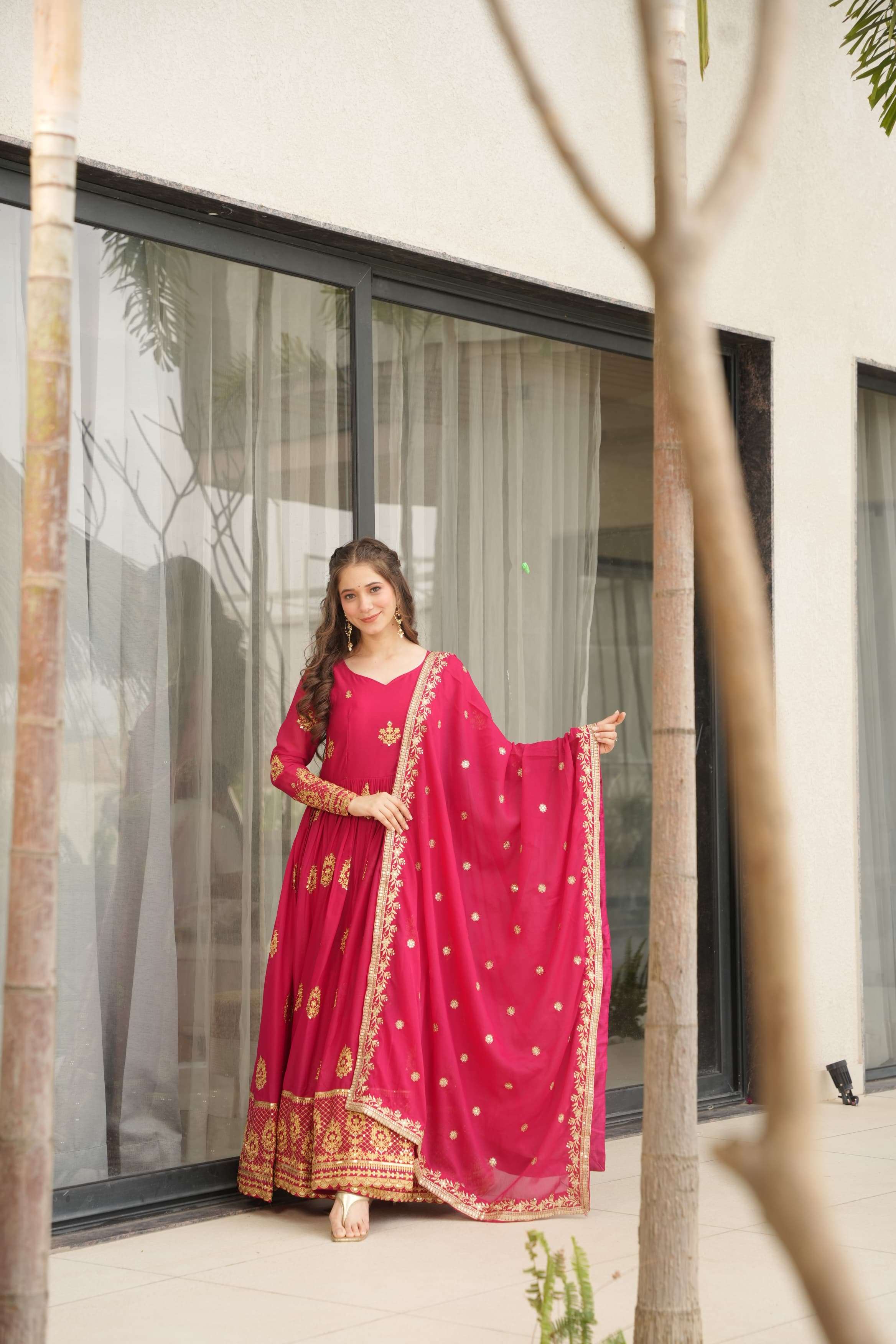 LATEST DESIGNER WEDDING PARTY WEAR READYMADE RED GEORGETTE ANARKALI SUIT LONG GOWN KU 1164 A