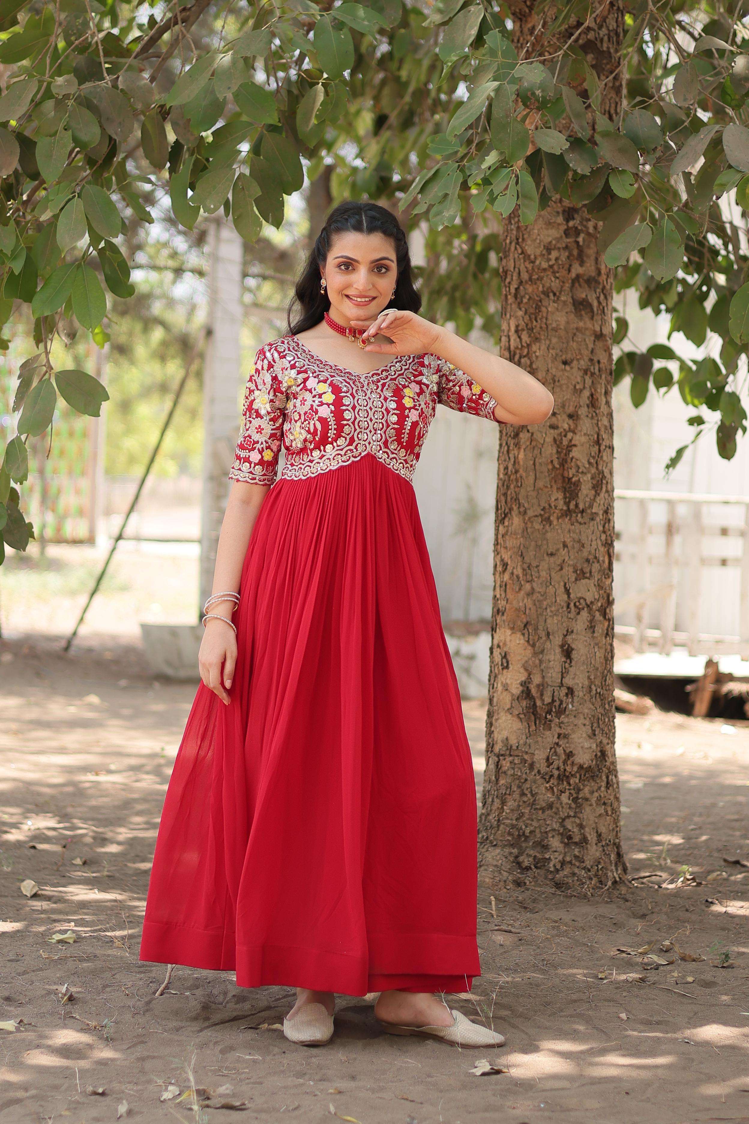 LATEST DESIGNER WEDDING PARTY WEAR READYMADE RED GEORGETTE ANARKALI SUIT LONG GOWN KU 1110 D