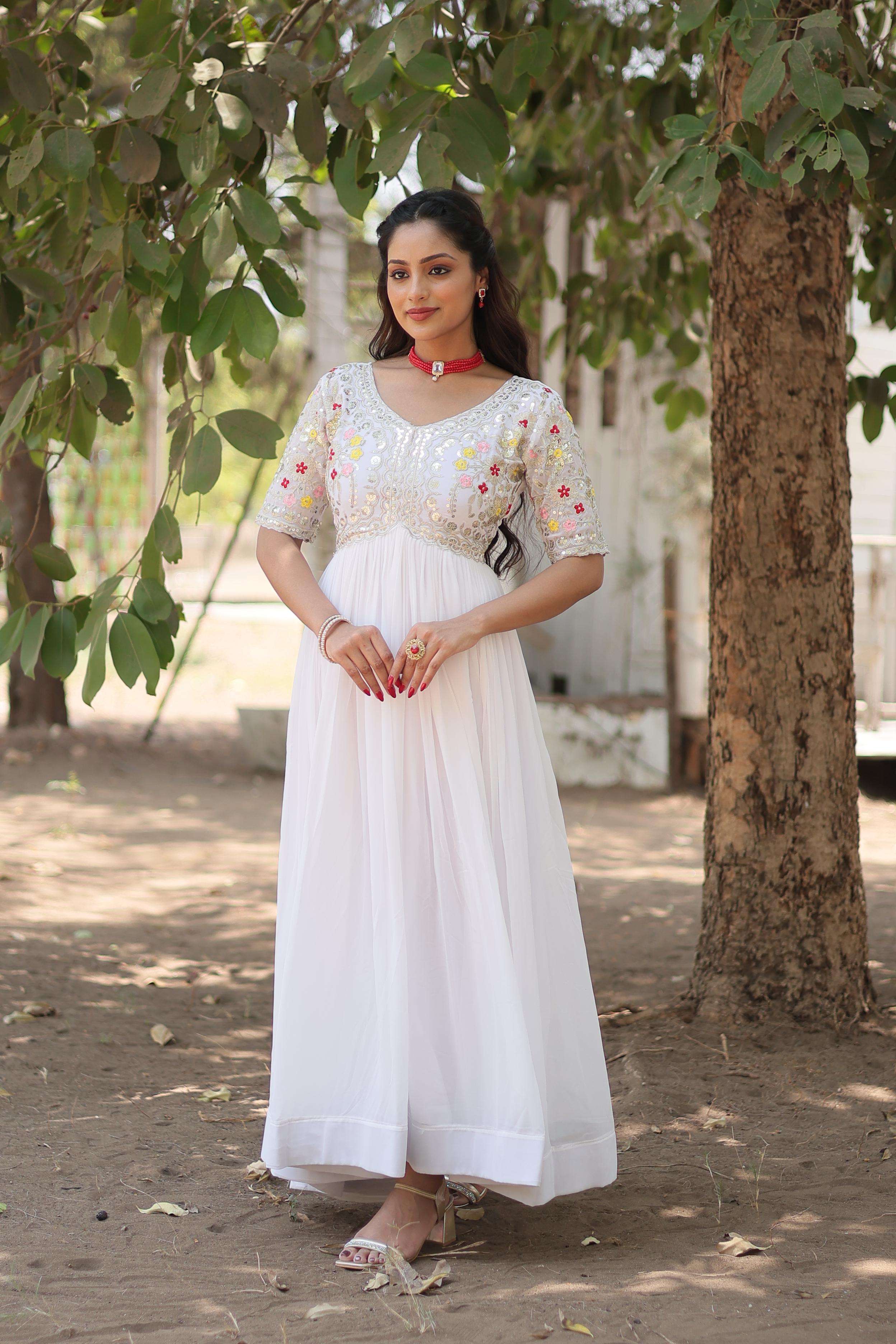 LATEST DESIGNER WEDDING PARTY WEAR READYMADE WHITE GEORGETTE ANARKALI SUIT LONG GOWN KU 1110 A