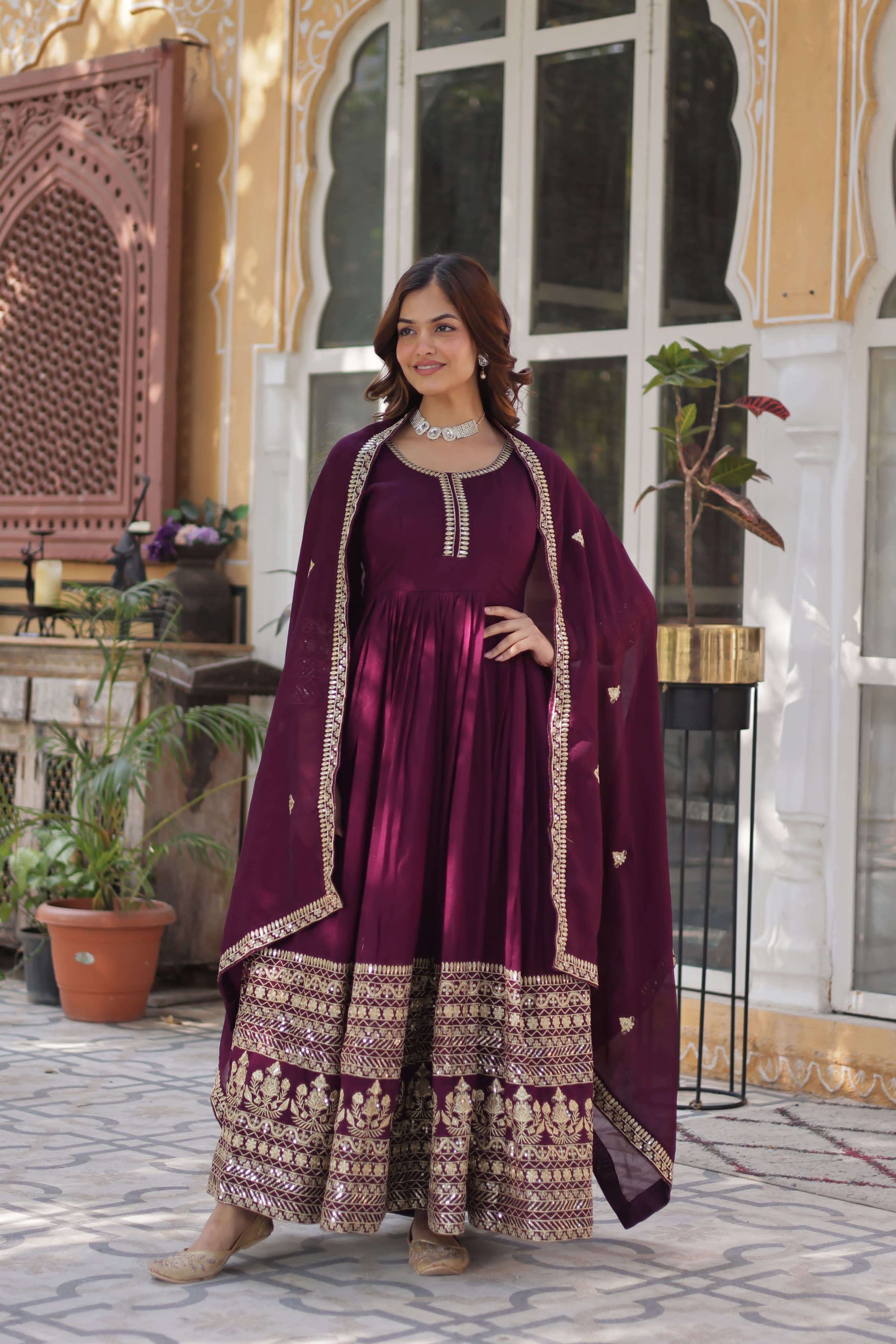 LATEST DESIGNER WEDDING PARTY WEAR READYMADE WINE SIMAR SILK ANARKALI SUIT LONG GOWN KU 1141