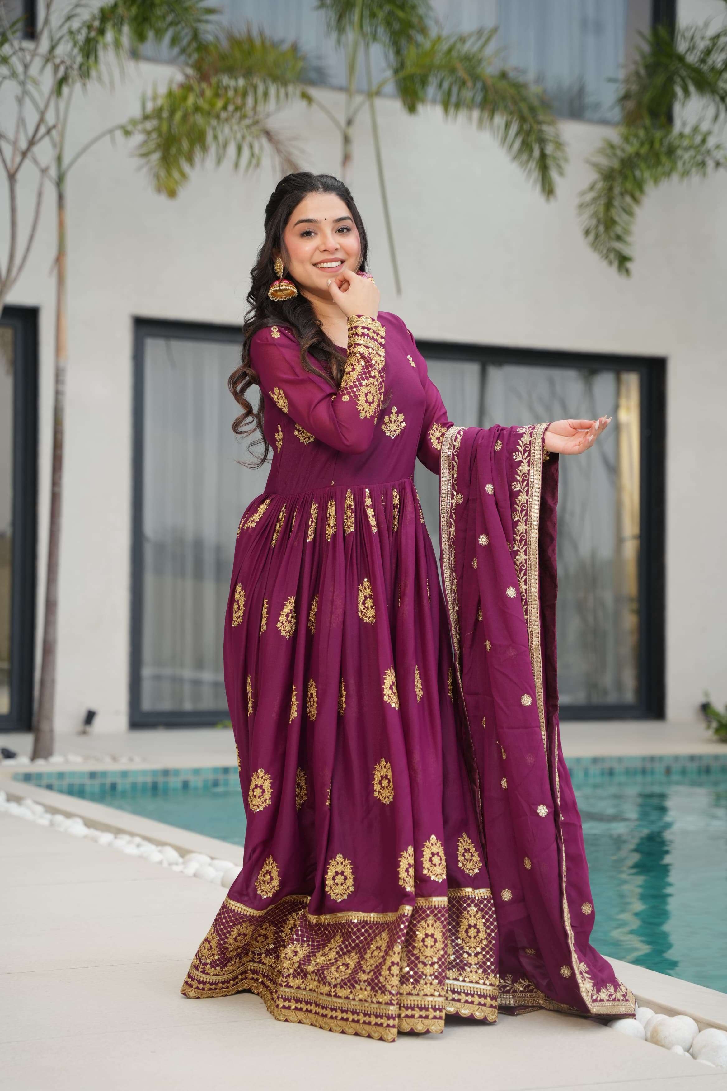 LATEST DESIGNER WEDDING PARTY WEAR READYMADE WINE GEORGETTE ANARKALI SUIT LONG GOWN KU 1164 B