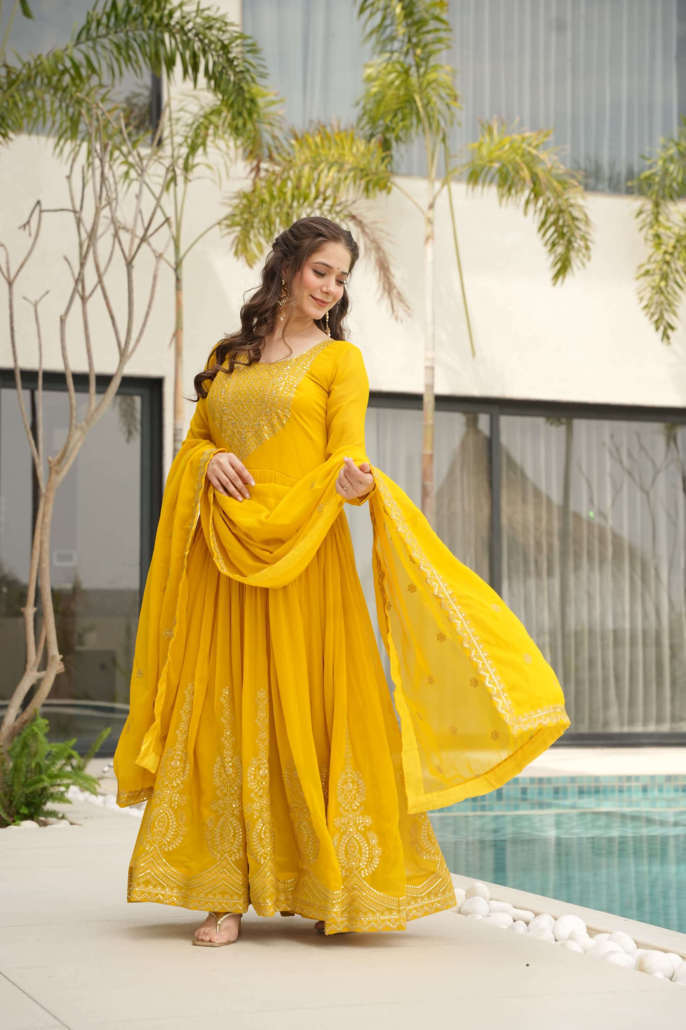 LATEST DESIGNER WEDDING PARTY WEAR READYMADE YELLOW GEORGETTE ANARKALI SUIT LONG GOWN KU 1162 B