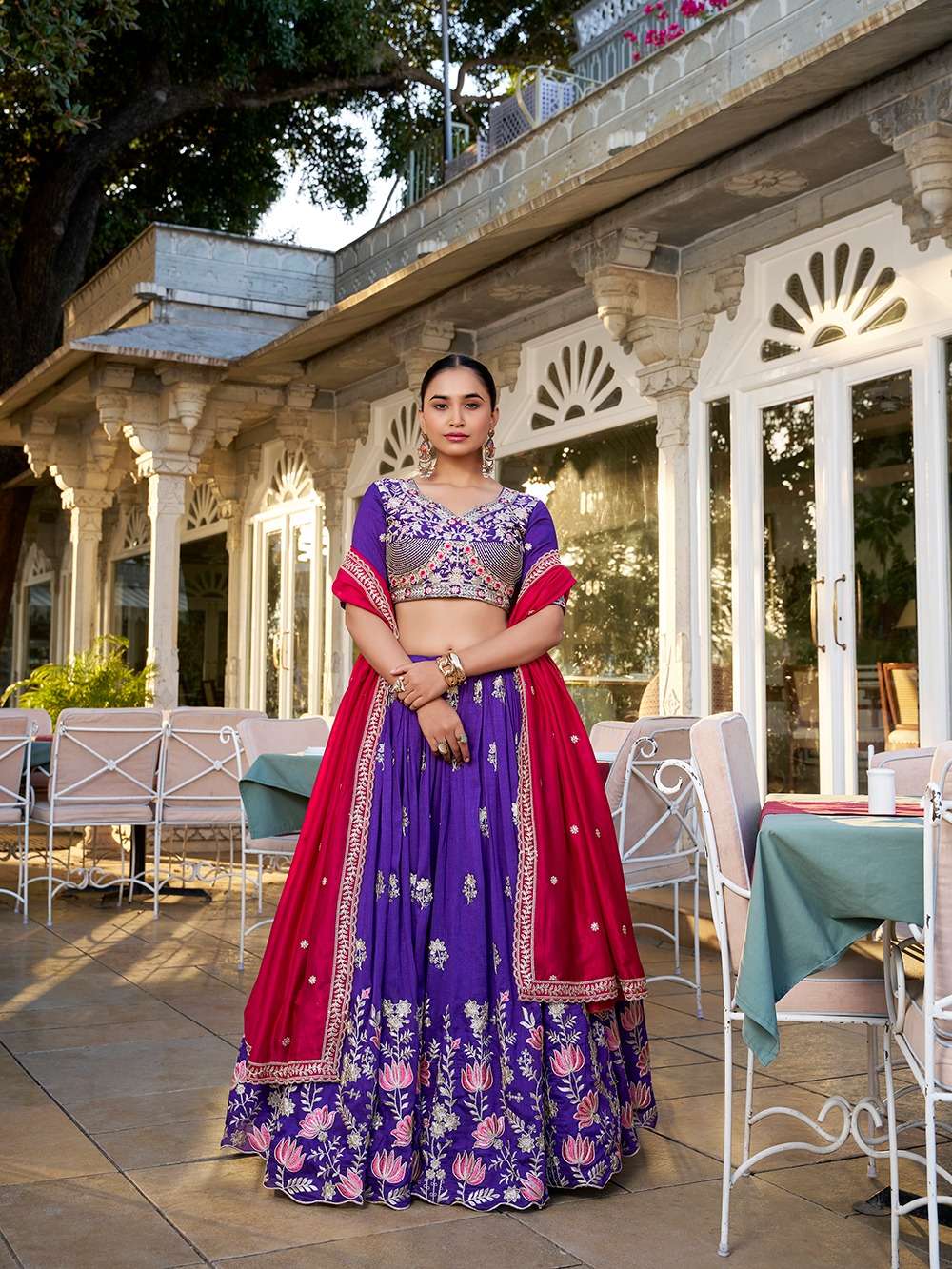 LATEST DESIGNER WEDDING PARTY WEAR VICHITRA SILK PURPLE LEHENGA CHOLI LNB 1414