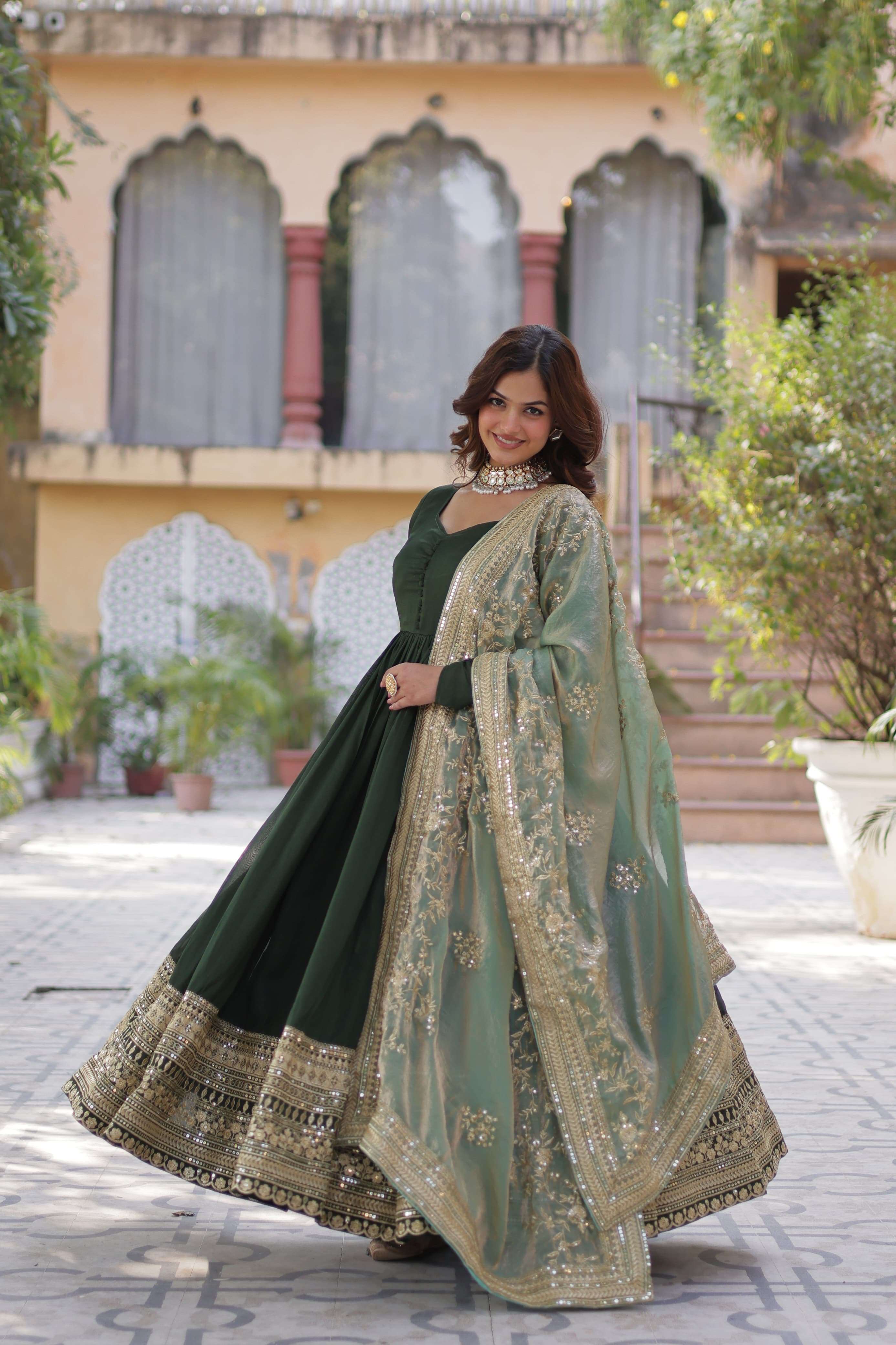 LATEST DESIGNER WEDDING PARTY WEAR VICHITRA SILK READYMADE GREEN ANARKALI SUIT LONG GOWN KU 1140 A