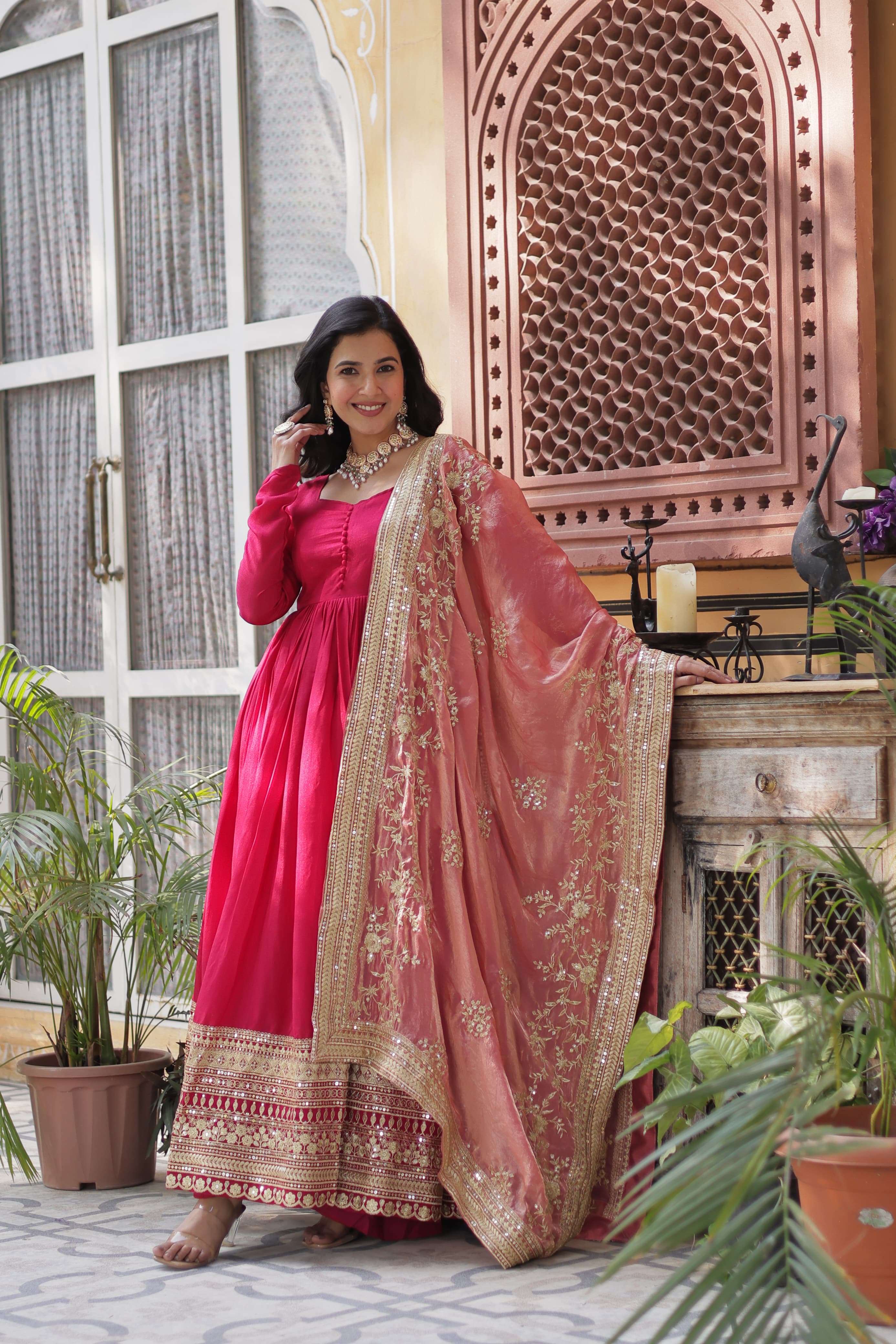 LATEST DESIGNER WEDDING PARTY WEAR VICHITRA SILK READYMADE PINK ANARKALI SUIT LONG GOWN KU 1140 B
