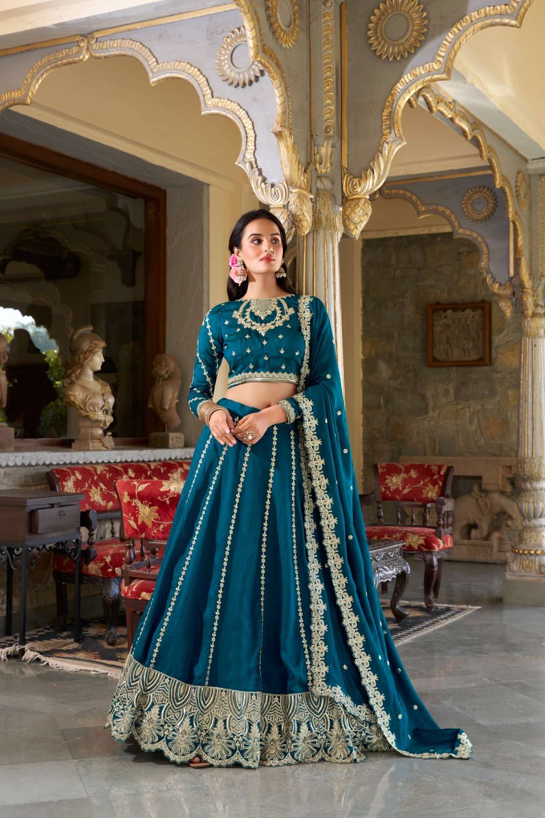 LATEST DESIGNER WEDDING PARTY WEAR VICHITRA SILK TEAL BLUE LEHENGA CHOLI LNB 1418