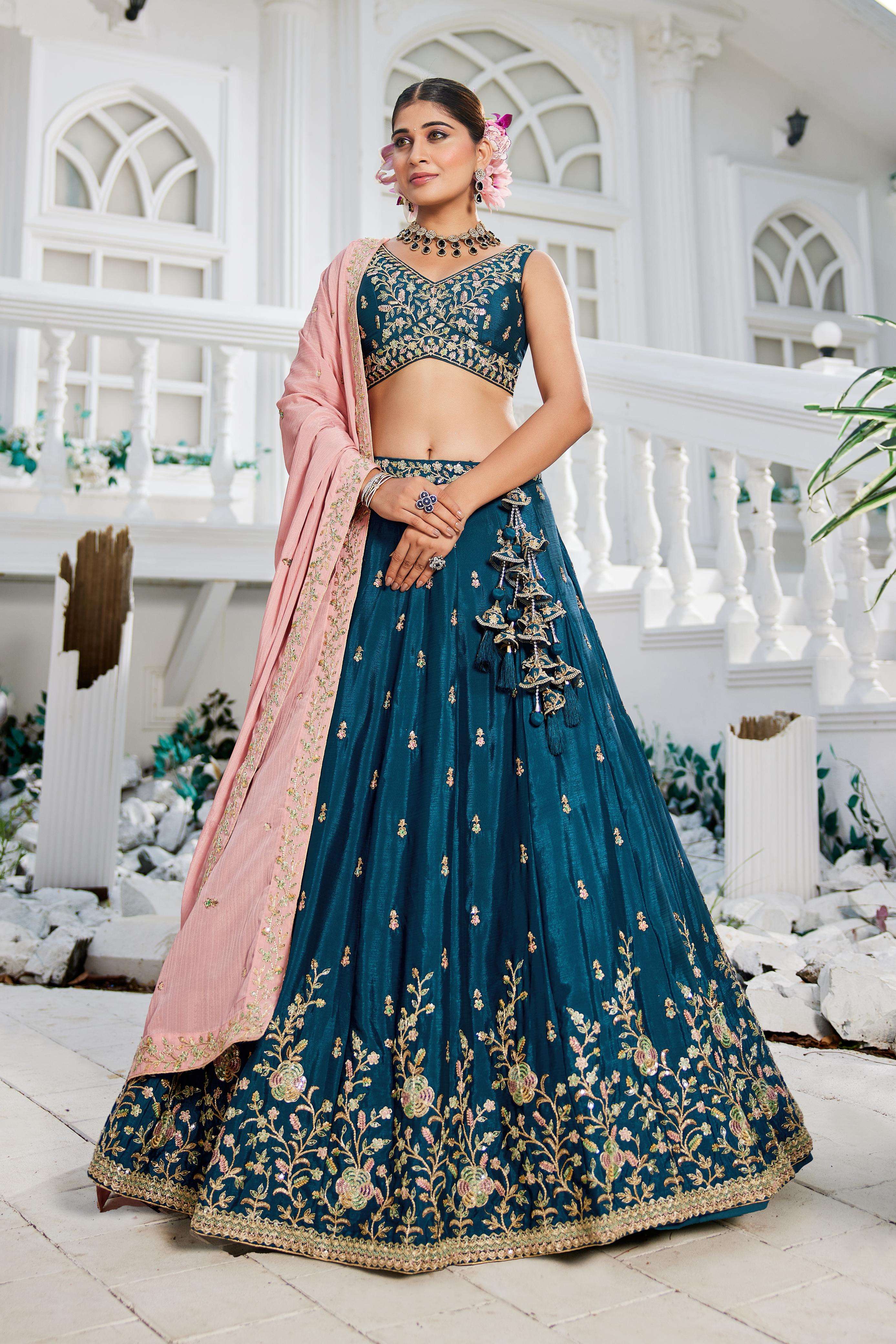 DESIGNER BOLLYWOOD BRIDAL WEDDING PARTY WEAR BLUE HAND WORK CHIFFON LEHENGA CHOLI NT 6155 D