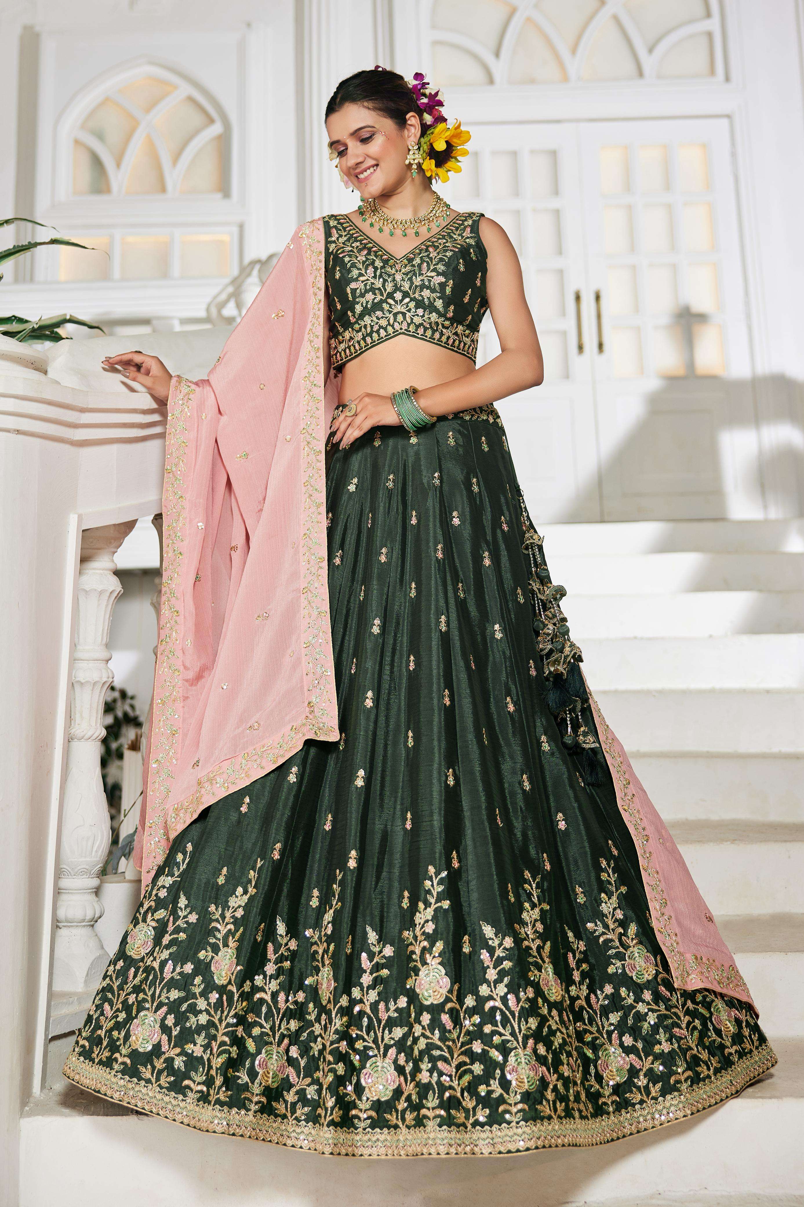 DESIGNER BOLLYWOOD BRIDAL WEDDING PARTY WEAR GREEN HAND WORK CHIFFON LEHENGA CHOLI NT 6155 B