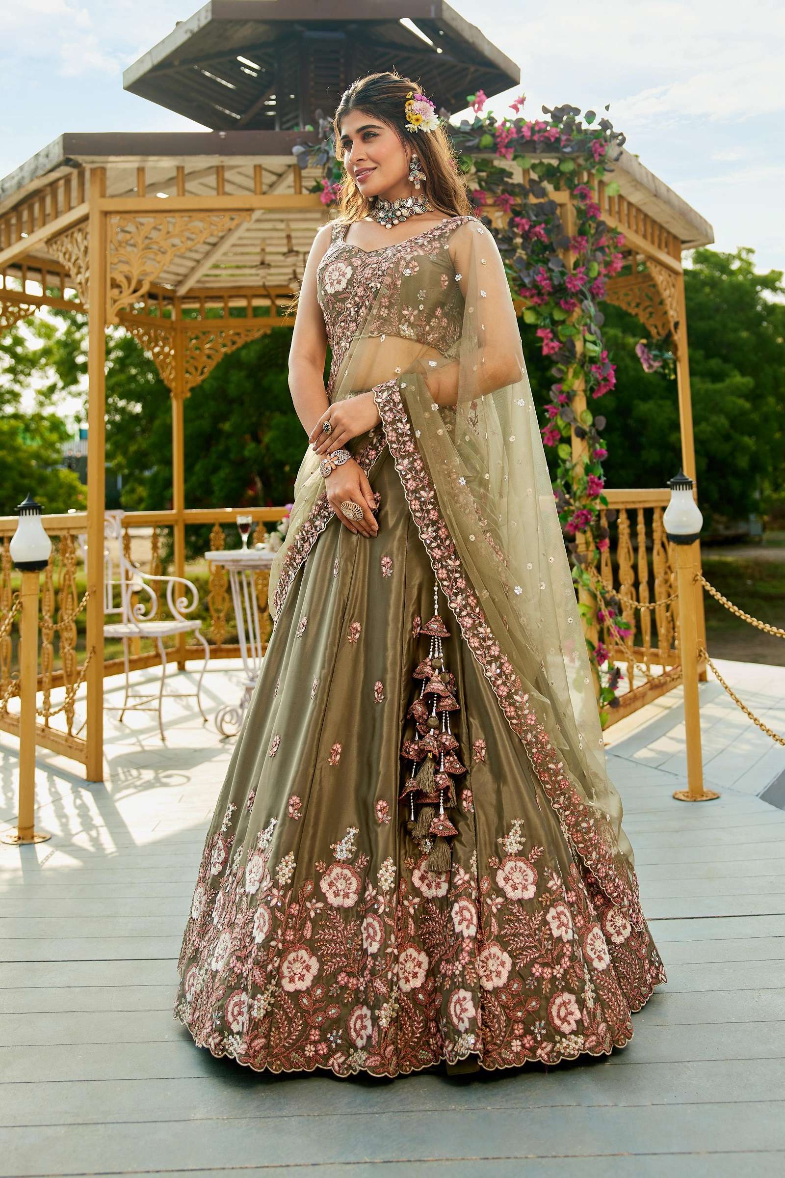 DESIGNER BOLLYWOOD BRIDAL WEDDING PARTY WEAR HAND WORK SATIN OLIVE GREEN LEHENGA CHOLI NT 6165 C