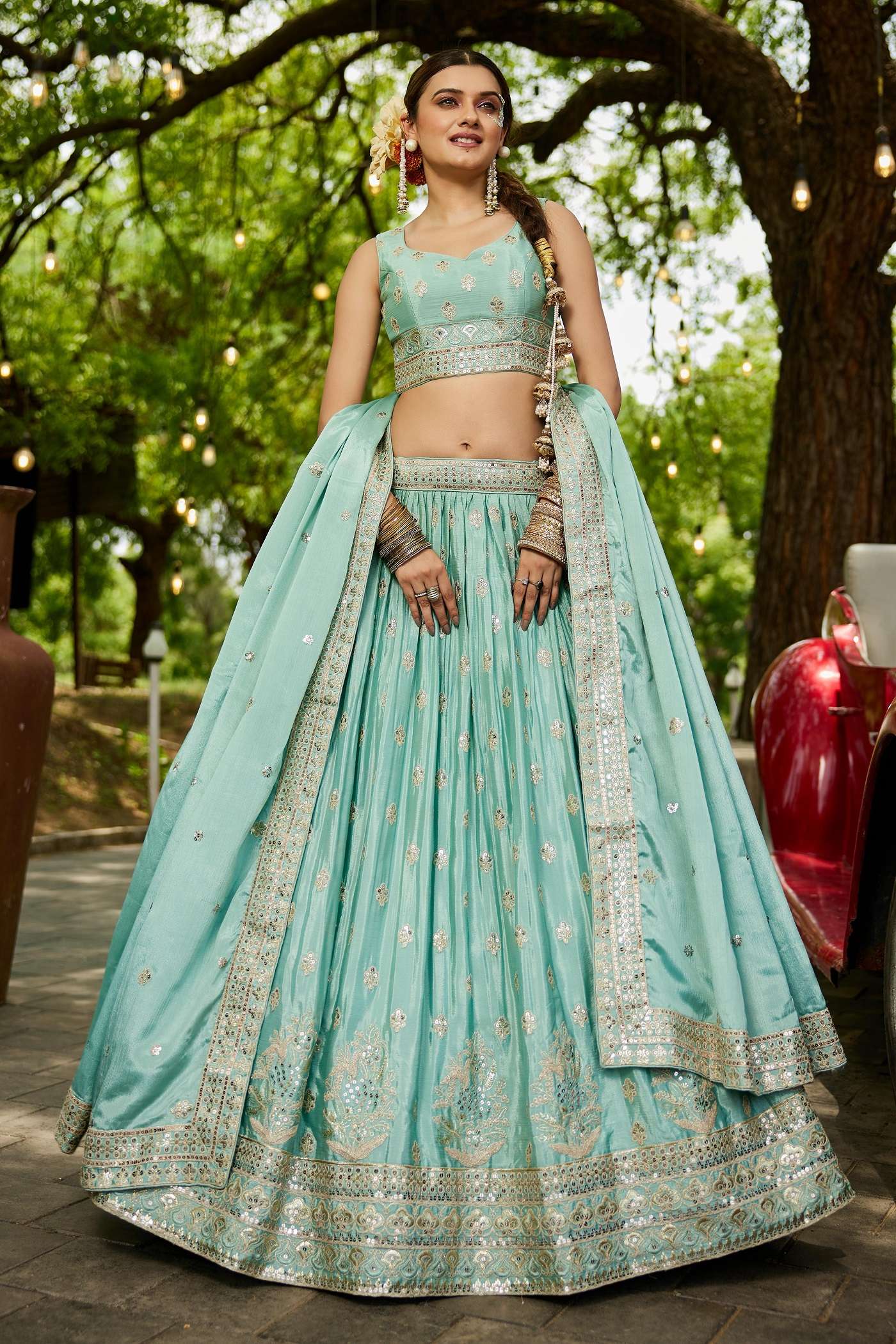 DESIGNER BOLLYWOOD BRIDAL WEDDING PARTY WEAR HAND WORK HEAVY CHIONON SKYBLUE SILK LEHENGA CHOLI NT 6140 A