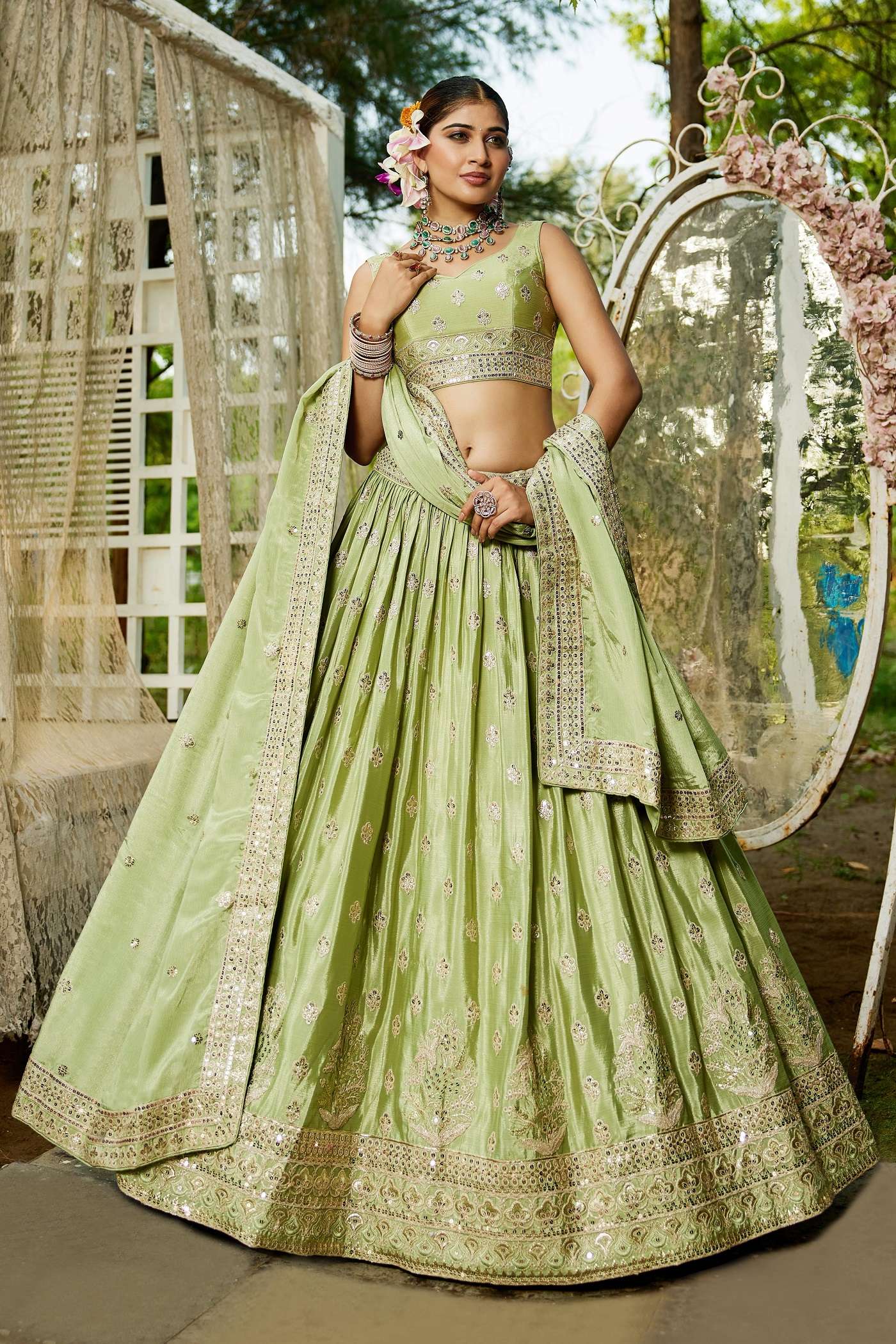 DESIGNER BOLLYWOOD BRIDAL WEDDING PARTY WEAR HAND WORK HEAVY CHIONON GREEN SILK LEHENGA CHOLI NT 6140 B