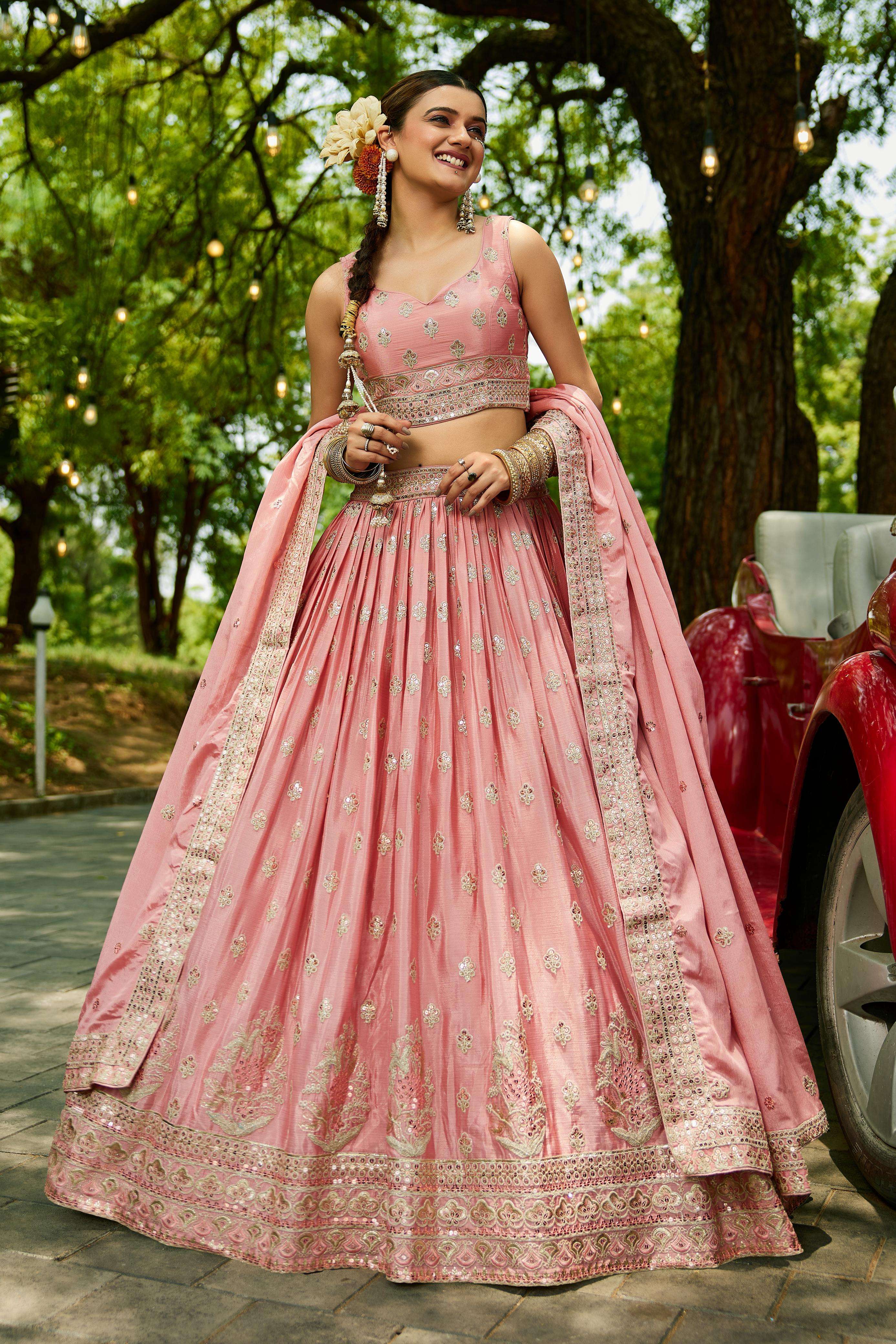 DESIGNER BOLLYWOOD BRIDAL WEDDING PARTY WEAR HAND WORK HEAVY CHIONON SILK PINK LEHENGA CHOLI NT 6140 C