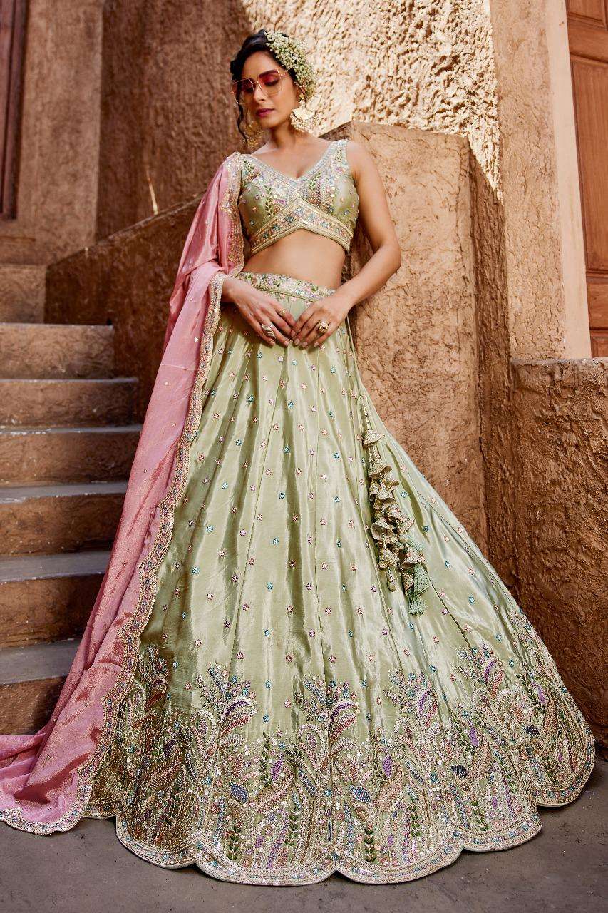 DESIGNER BOLLYWOOD BRIDAL WEDDING PARTY WEAR HAND WORK SATIN SILK LIME GREEN LEHENGA CHOLI NT 6138
