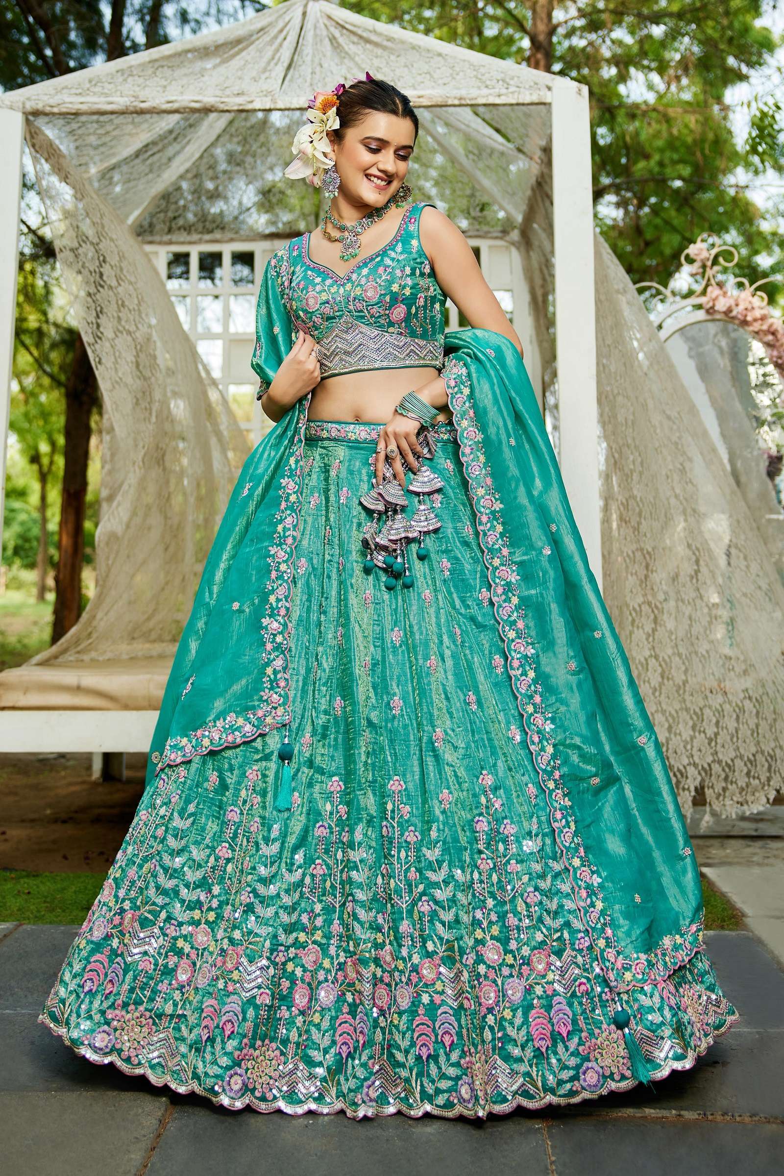 DESIGNER BOLLYWOOD BRIDAL WEDDING PARTY WEAR HAND WORK TISSUE SILK SKY BLUE LEHENGA CHOLI NT 6170 B