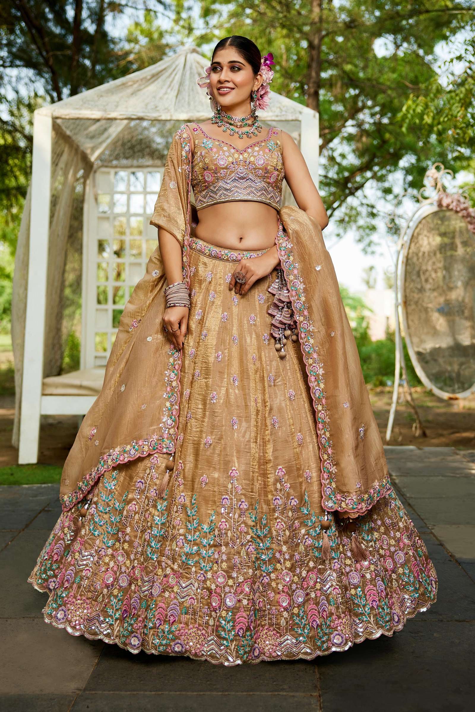 DESIGNER BOLLYWOOD BRIDAL WEDDING PARTY WEAR HAND WORK TISSUE SILK CHIKU LEHENGA CHOLI NT 6170 D