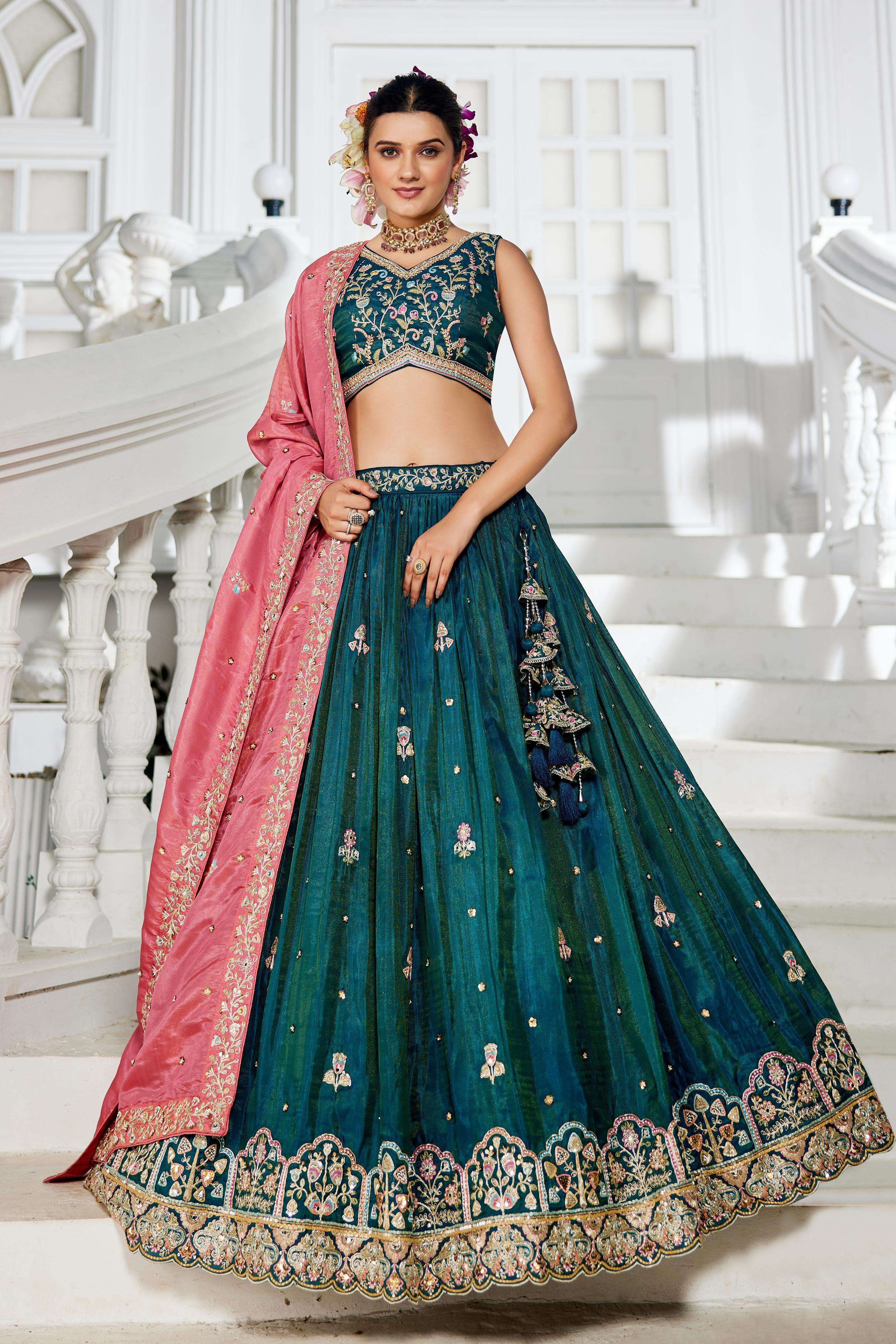 DESIGNER BOLLYWOOD BRIDAL WEDDING PARTY WEAR HAND WORK GREEN SATIN SILK LEHENGA CHOLI NT 6172 A