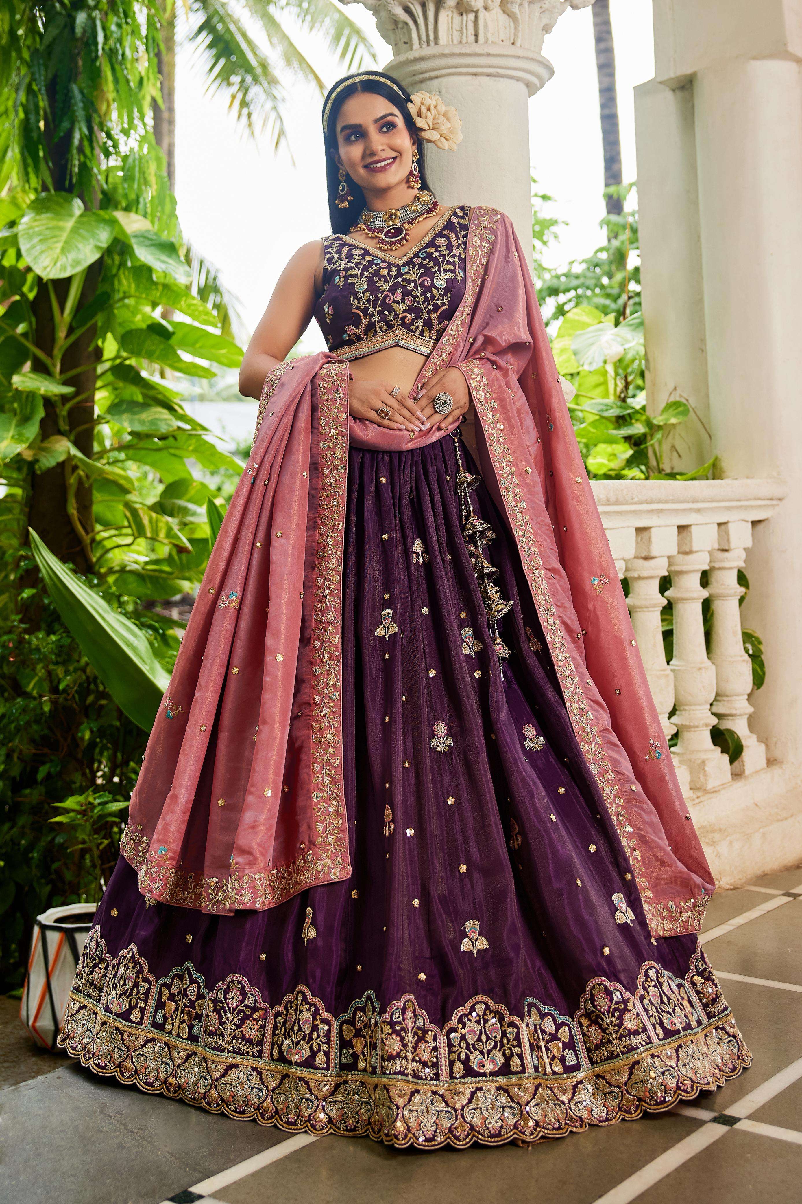 DESIGNER BOLLYWOOD BRIDAL WEDDING PARTY WEAR HAND WORK PURPLE SATIN SILK LEHENGA CHOLI NT 6172 B