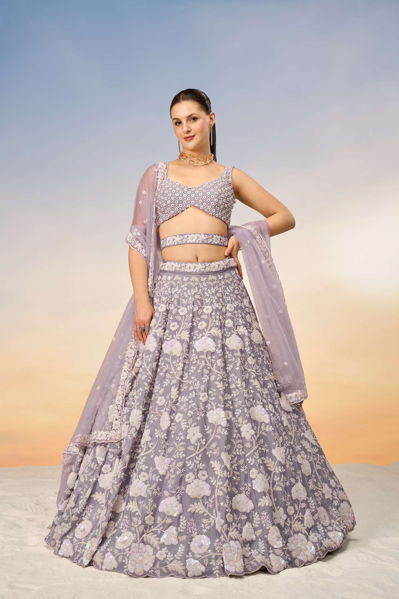 DESIGNER BOLLYWOOD BRIDAL WEDDING PARTY WEAR HAND WORK CHINON SILK LAVENDER LEHENGA CHOLI NT 5936 A