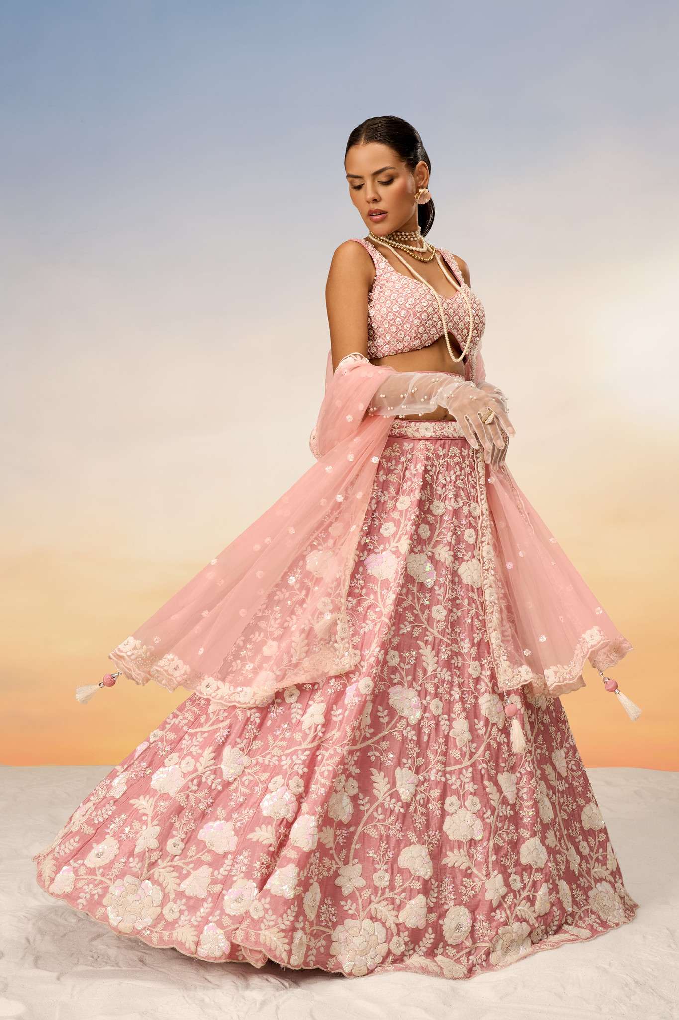 DESIGNER BOLLYWOOD BRIDAL WEDDING PARTY WEAR HAND WORK CHINON SILK PEACH LEHENGA CHOLI NT 5936 B