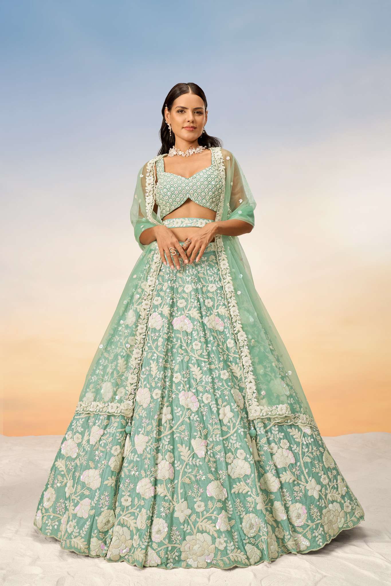 DESIGNER BOLLYWOOD BRIDAL WEDDING PARTY WEAR HAND WORK CHINON SILK GREEN LEHENGA CHOLI NT 5936 C