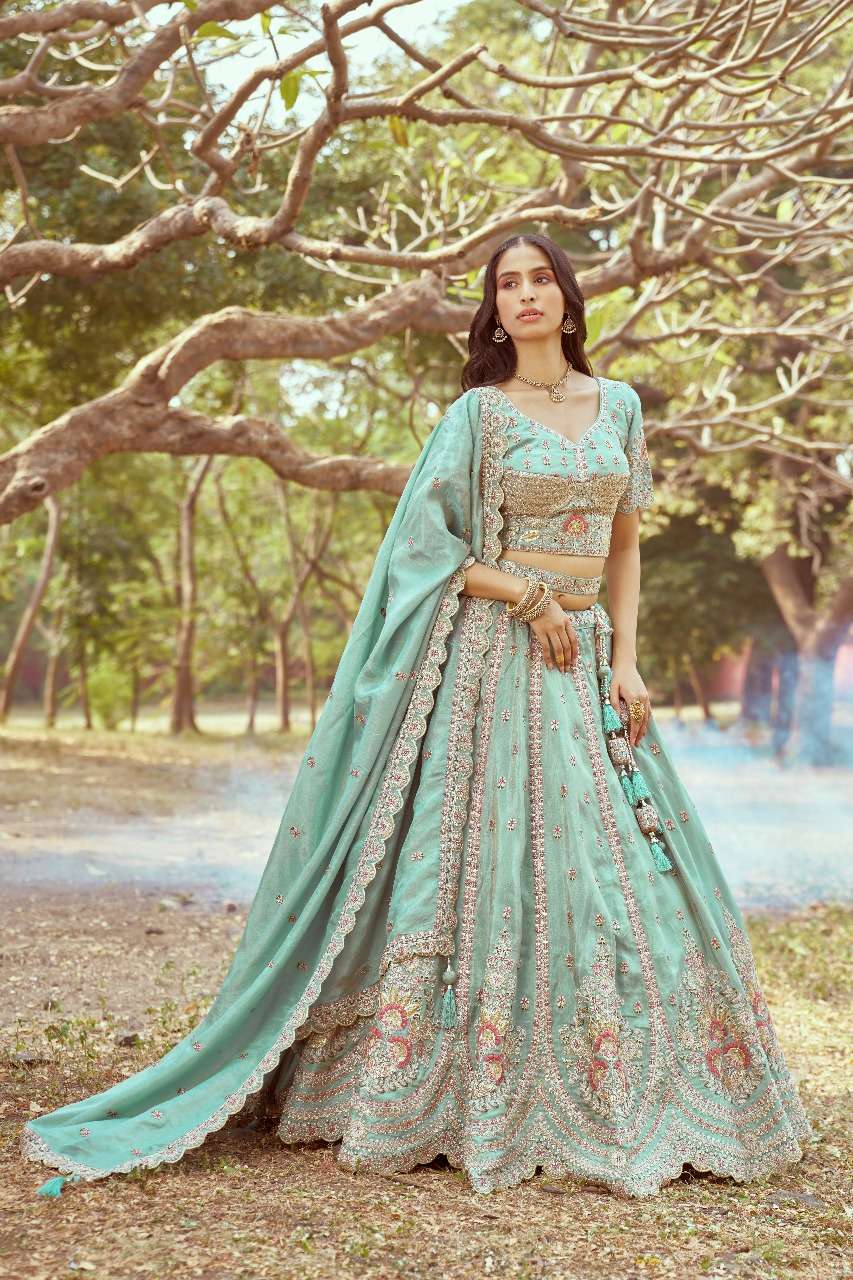 DESIGNER BOLLYWOOD BRIDAL WEDDING PARTY WEAR HAND WORK GREEN TISSUE SILK LEHENGA CHOLI NT 6098 C