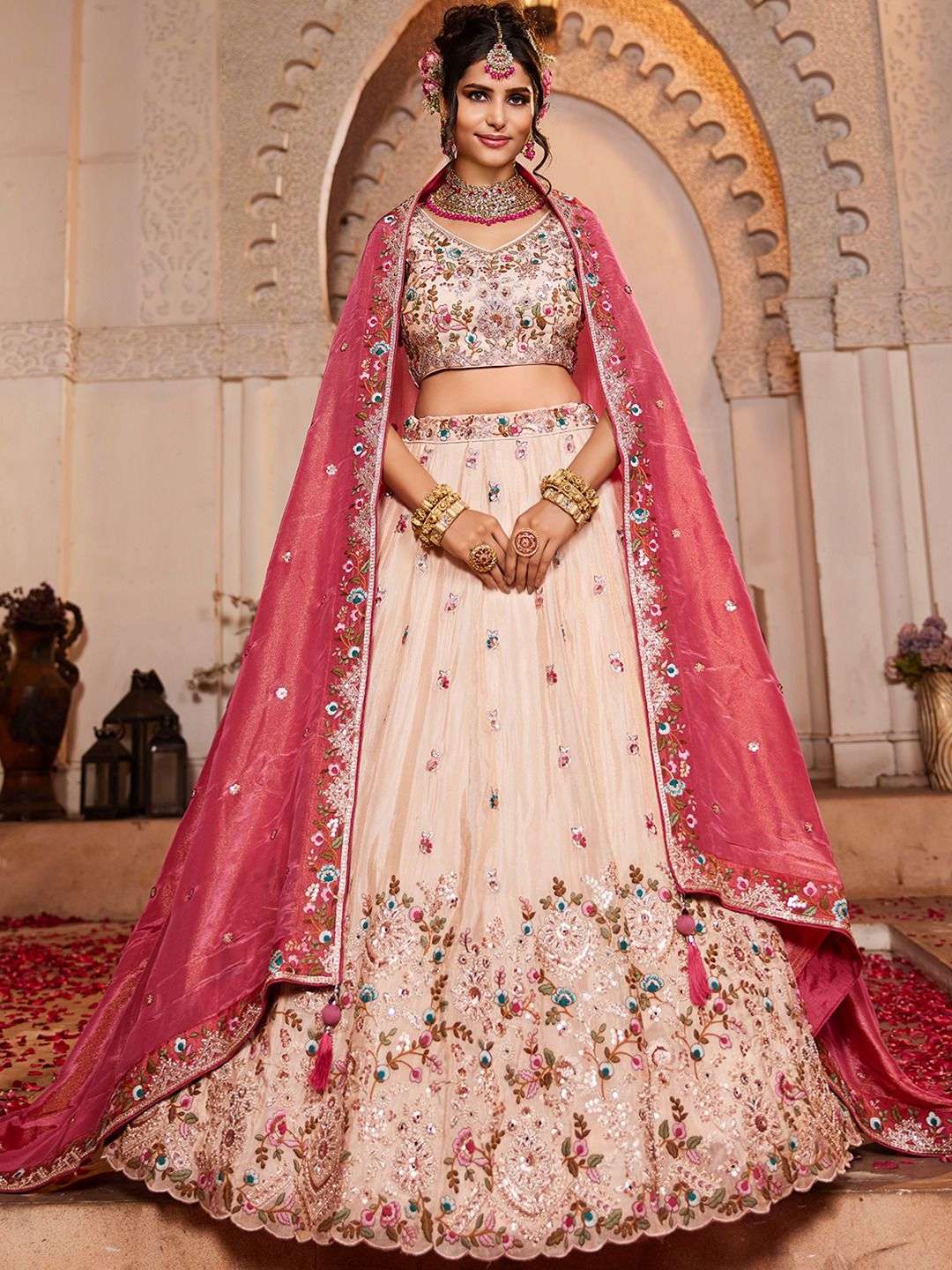 DESIGNER BOLLYWOOD BRIDAL WEDDING PARTY WEAR HAND WORK PINK WHITE TISSUE SILK LEHENGA CHOLI NT 6126 A