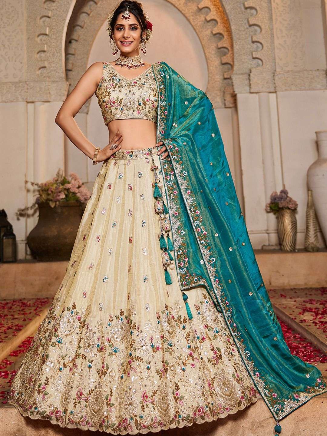 DESIGNER BOLLYWOOD BRIDAL WEDDING PARTY WEAR HAND WORK TEAL WHITE TISSUE SILK LEHENGA CHOLI NT 6126 B