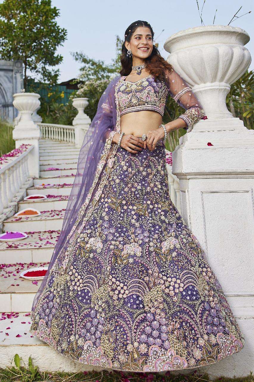 DESIGNER BOLLYWOOD BRIDAL WEDDING PARTY WEAR HEAVY HAND WORK NET PURPLE LEHENGA CHOLI SENHORA DRESSES 6147 A