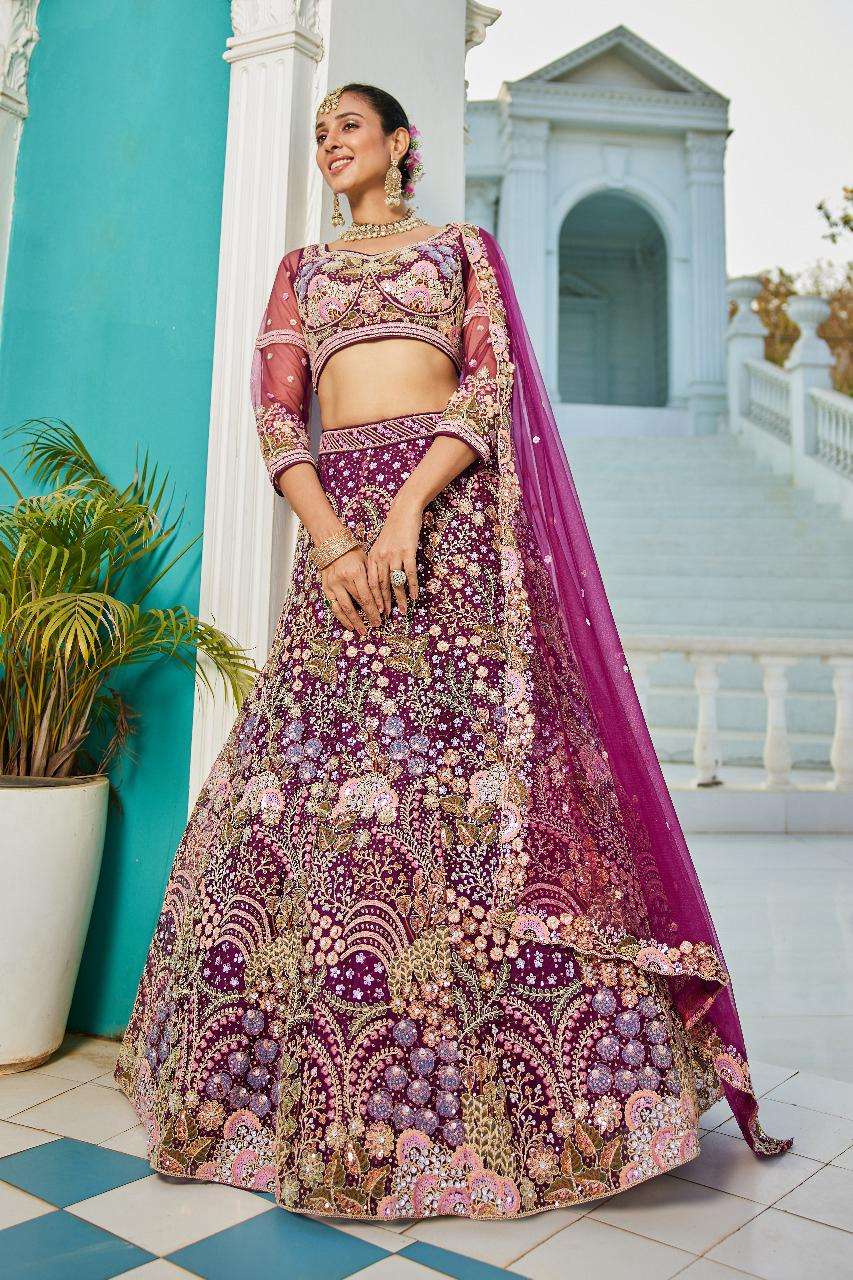 DESIGNER BOLLYWOOD BRIDAL WEDDING PARTY WEAR HEAVY HAND WORK NET WINE LEHENGA CHOLI SENHORA DRESSES 6147 B
