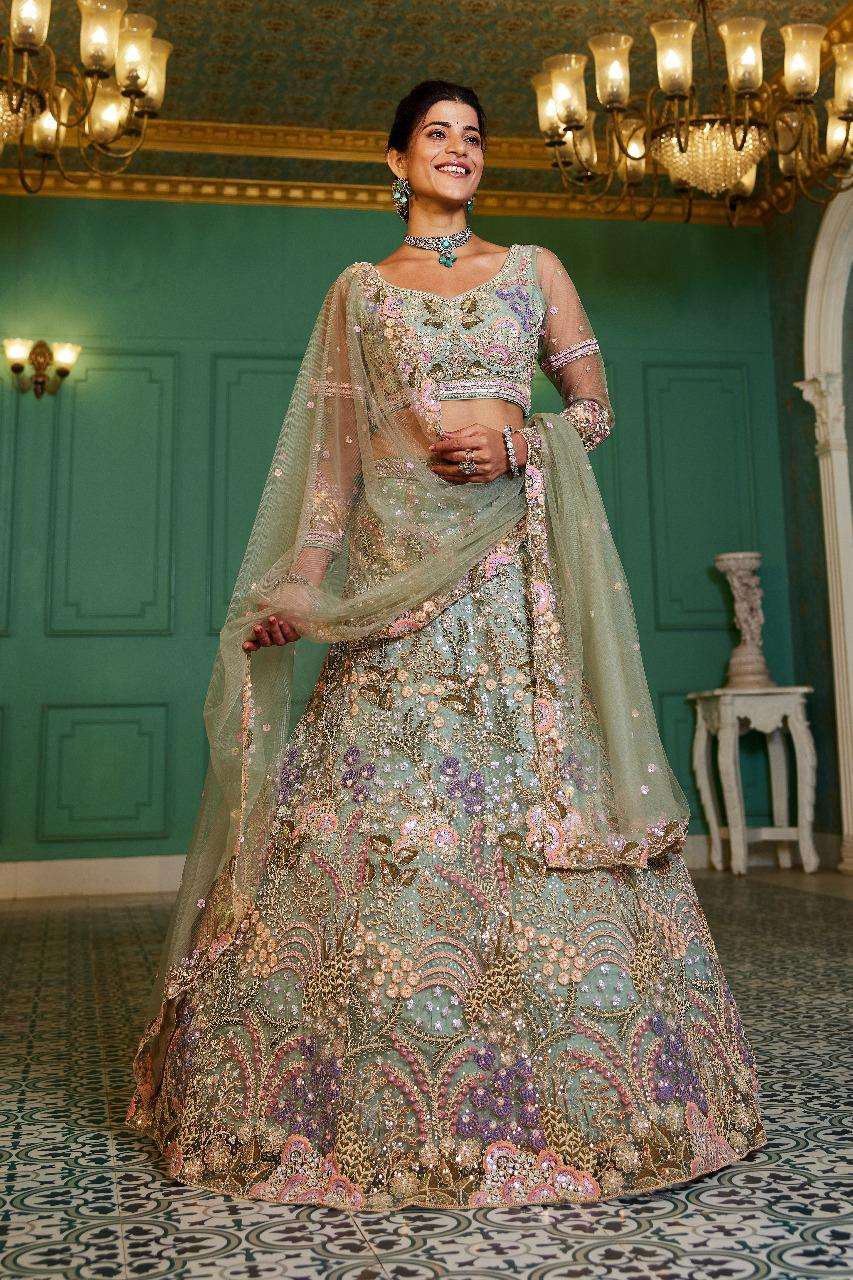 DESIGNER BOLLYWOOD BRIDAL WEDDING PARTY WEAR HEAVY HAND WORK NET GREEN LEHENGA CHOLI SENHORA DRESSES 6147 C