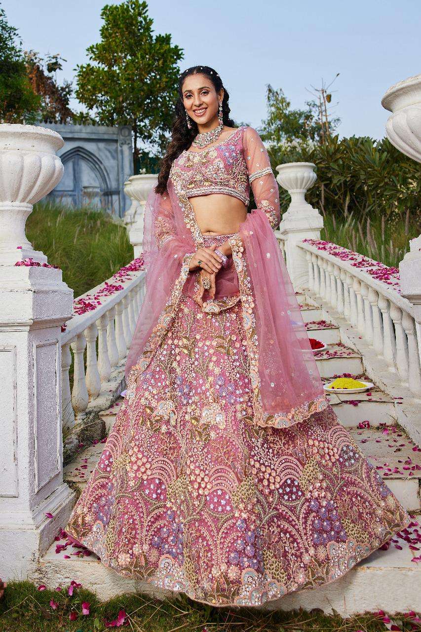 DESIGNER BOLLYWOOD BRIDAL WEDDING PARTY WEAR HEAVY HAND WORK NET PINK LEHENGA CHOLI SENHORA DRESSES 6147 D