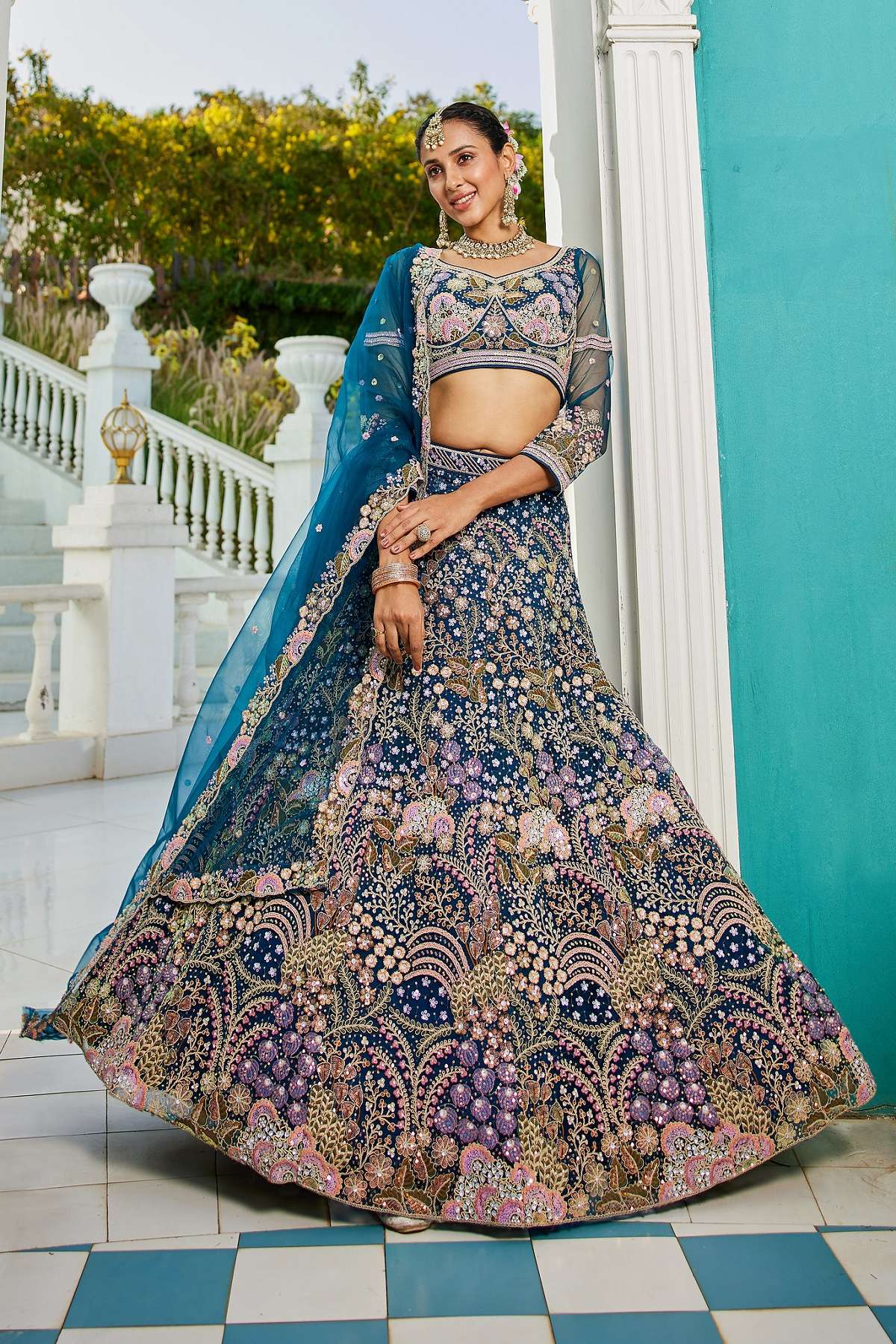 DESIGNER BOLLYWOOD BRIDAL WEDDING PARTY WEAR HEAVY HAND WORK NET BLUE LEHENGA CHOLI SENHORA DRESSES 6147 E