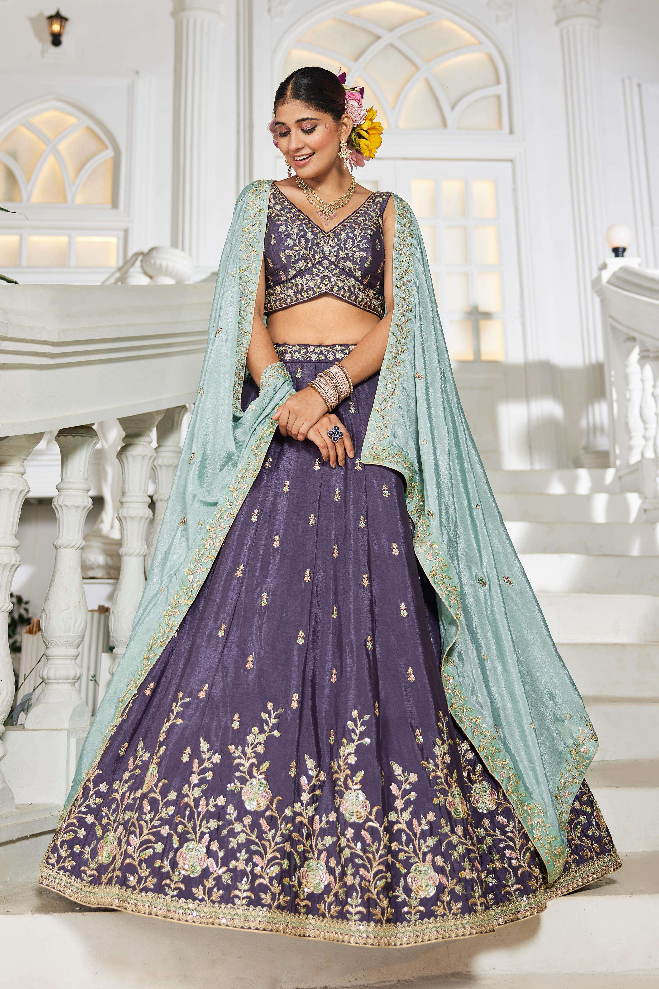 DESIGNER BOLLYWOOD BRIDAL WEDDING PARTY WEAR PURPLE HAND WORK CHIFFON LEHENGA CHOLI NT 6155 A