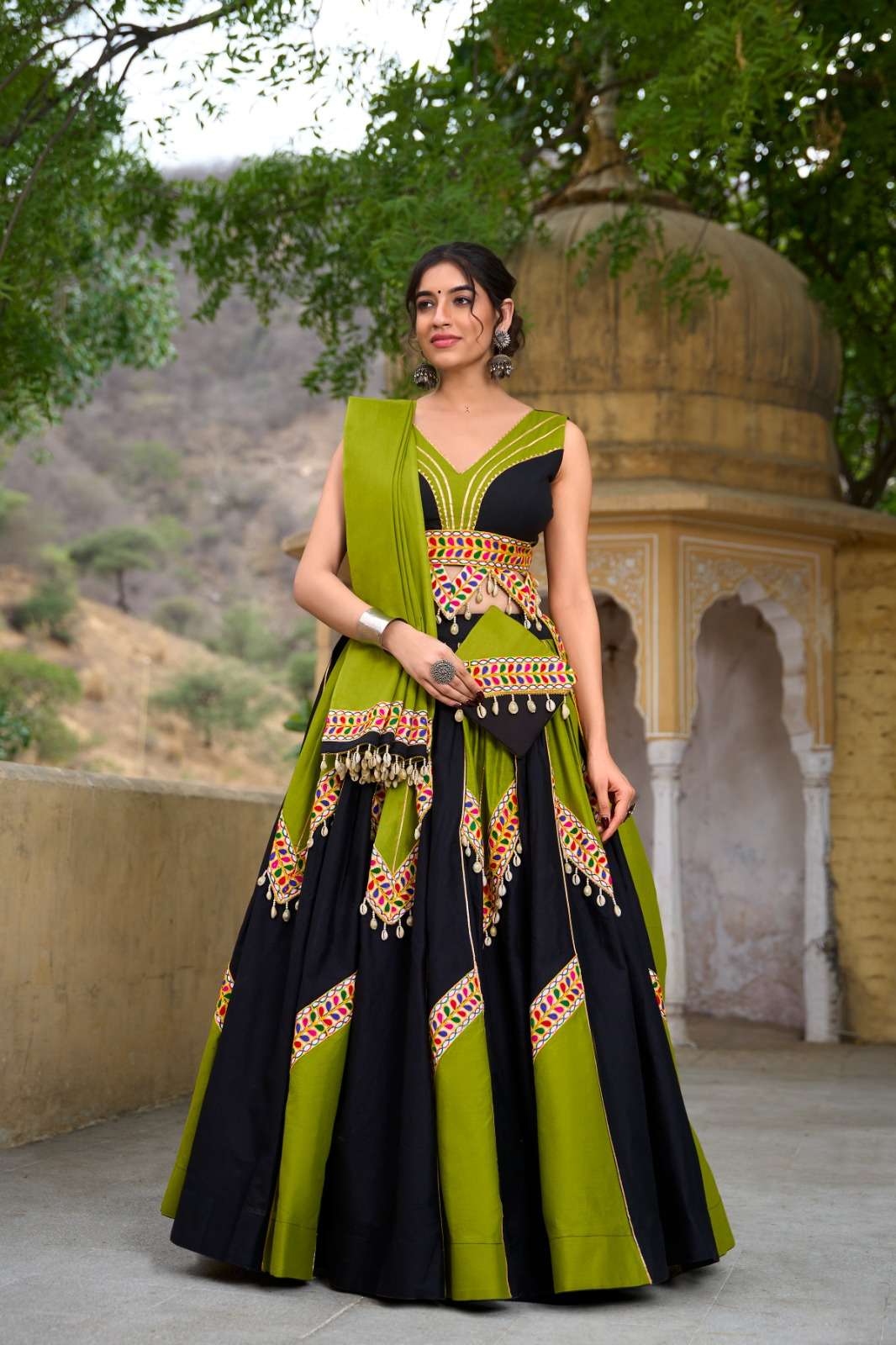 DESIGNER FANCY BLACK GREEN READY MADE NAVRATRI COTTON LEHENGA LNB 1676A