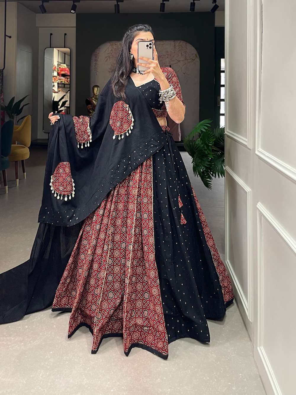 DESIGNER FANCY BLACK MAROON READY MADE NAVRATRI COTTON LEHENGA LNB 1698