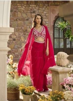 DESIGNER FANCY HAND WORK PARTY WEDDING WEAR RANI PINK LEHENGA CHOLI IN GEORGETTE SHIVALI 1