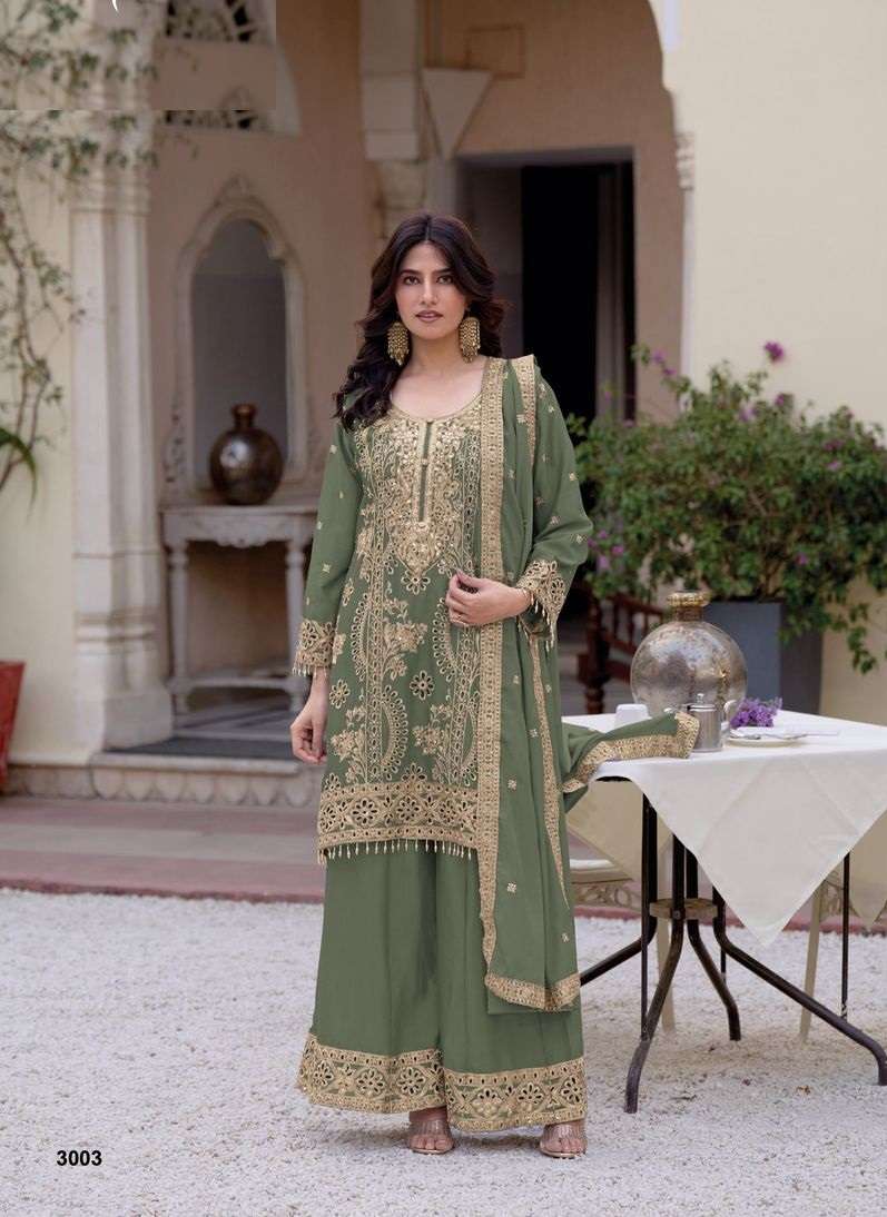 DESIGNER FANCY PARTY WEAR CHINON GREEN SHARARA PLAZZO SALWAR SUIT RH JAY KRISHNA 3003