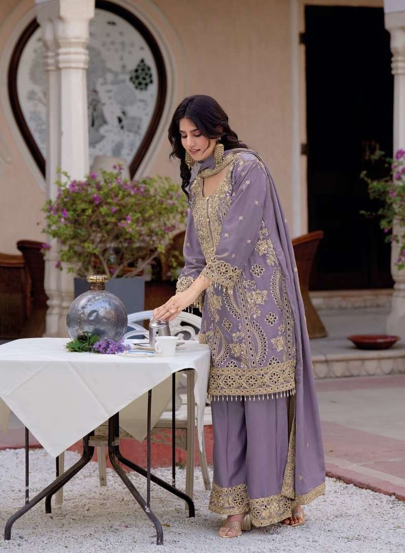 DESIGNER FANCY PARTY WEAR CHINON LAVENDER SHARARA PLAZZO SALWAR SUIT RH JAY KRISHNA 3002