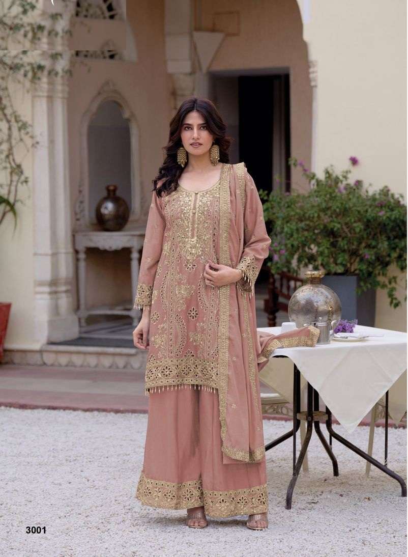 DESIGNER FANCY PARTY WEAR CHINON PEACH SHARARA PLAZZO SALWAR SUIT RH JAY KRISHNA 3001