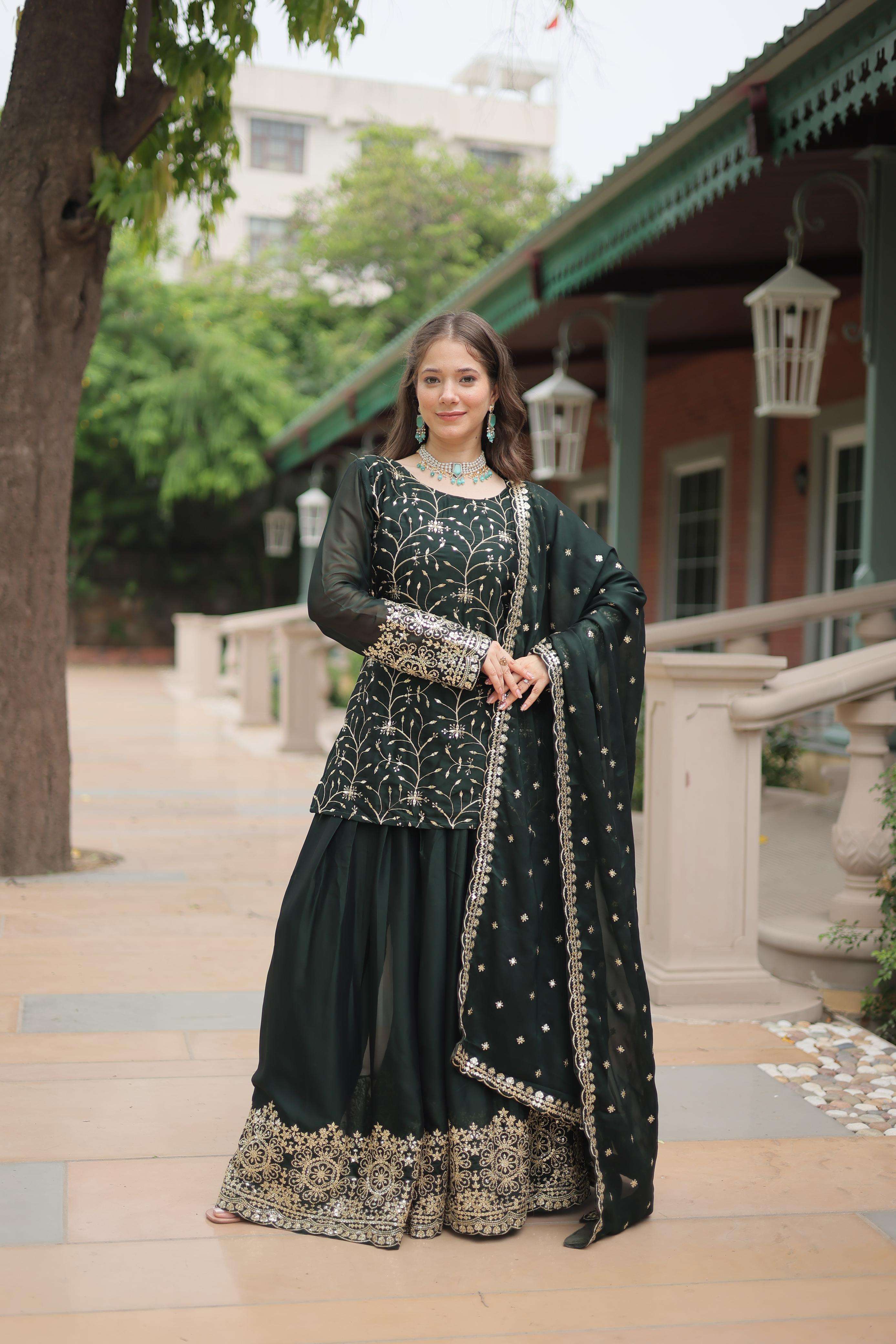 DESIGNER FANCY PARTY WEAR READYMADE GREEN RANGOLI SILK SHARARA PLAZZO SALWAR SUIT KU 1132 A